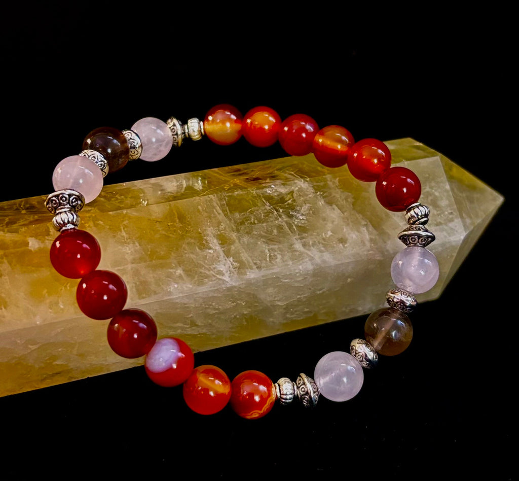 Grief & Loss Support Intention Bracelet – Reiki-Infused Carnelian, Rose Quartz & Smoky Quartz