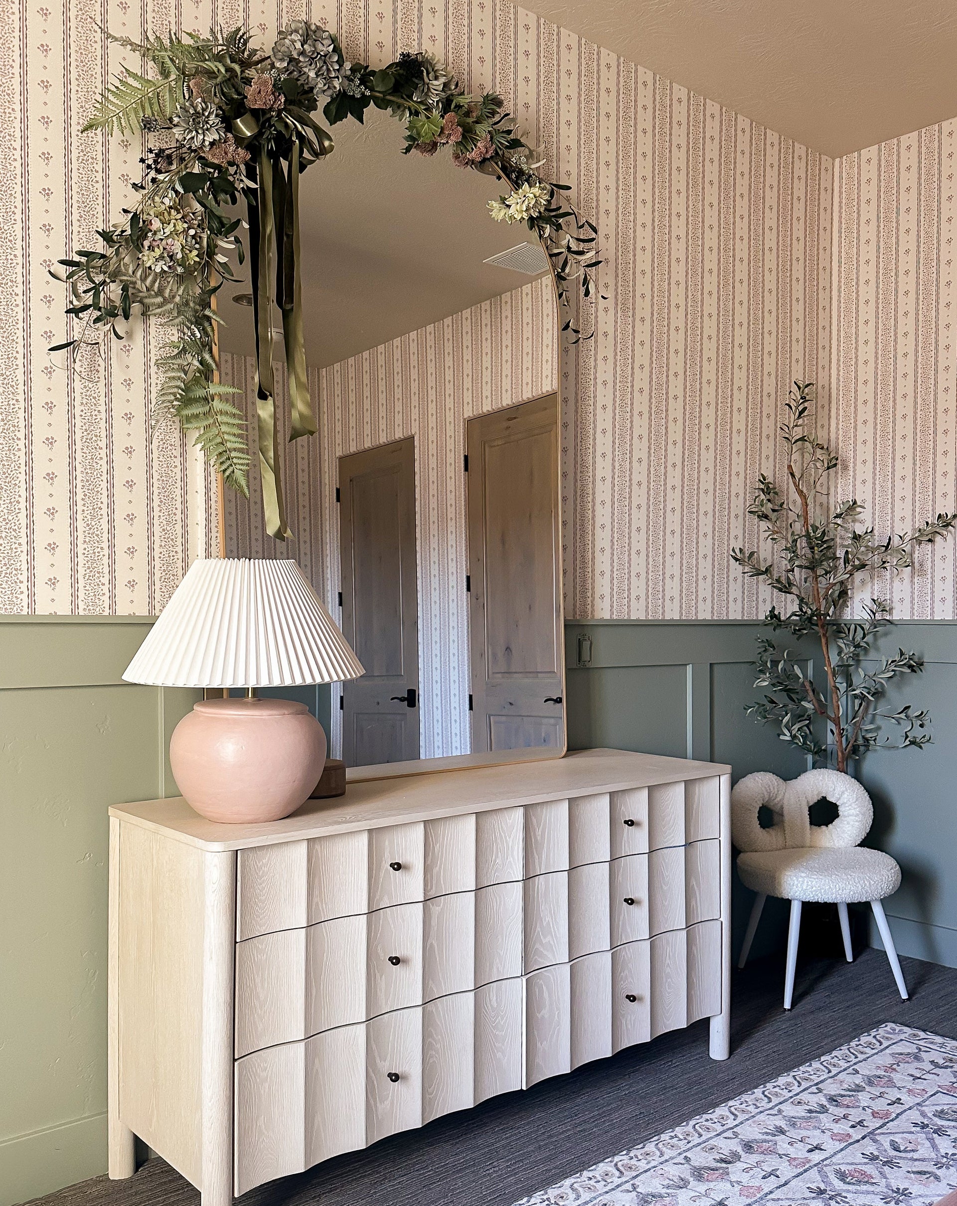 Lyla Striped Wallpaper in Burgundy, Blue, and Cream
