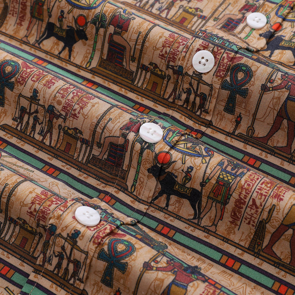 Wrinkle-Free Men's Egyptian Mural Hawaiian Shirt Short Sleeve