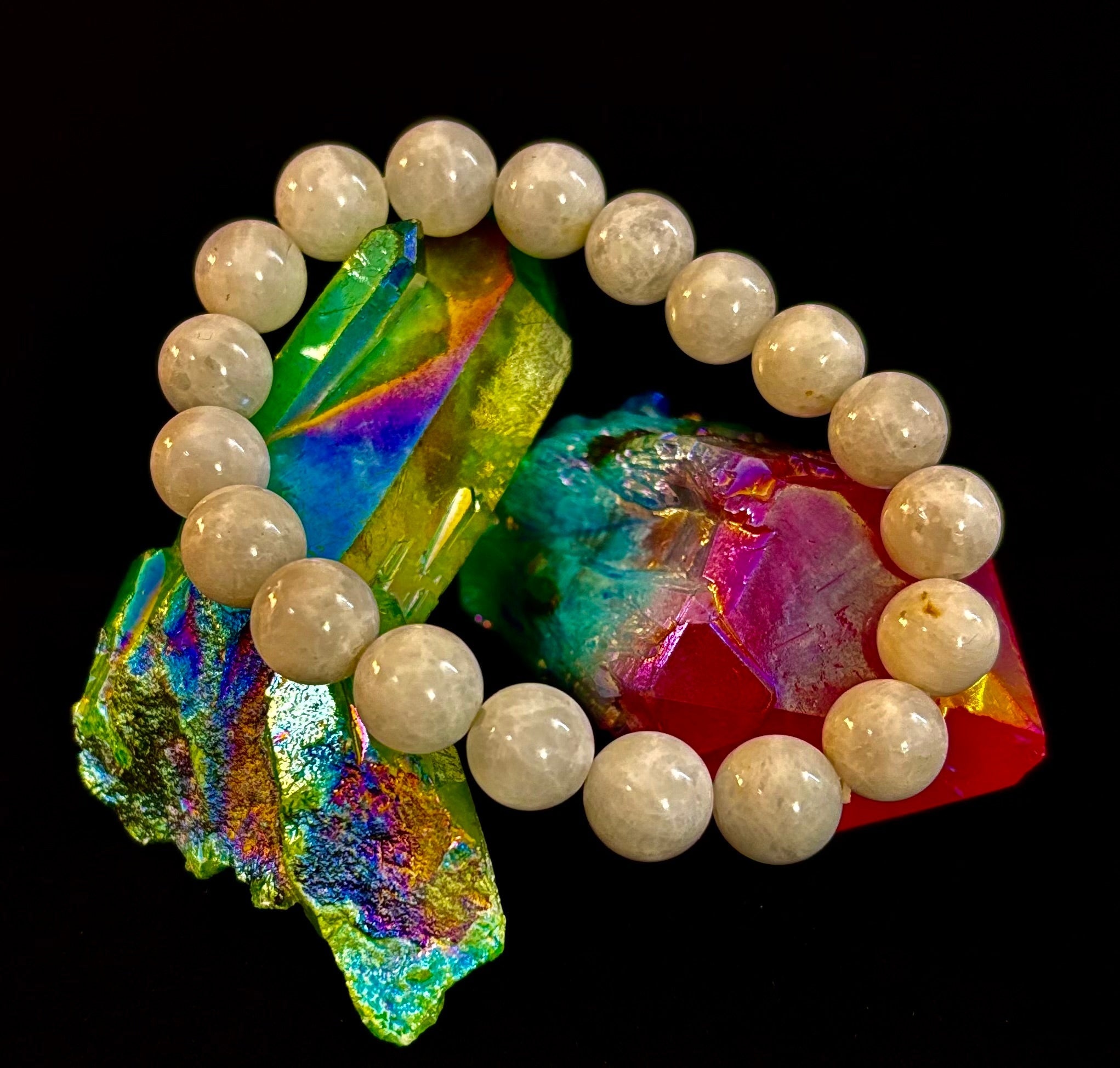 Reiki-Infused Rainbow Moonstone Power Bracelet – 10mm Beads (Medium Wrist)