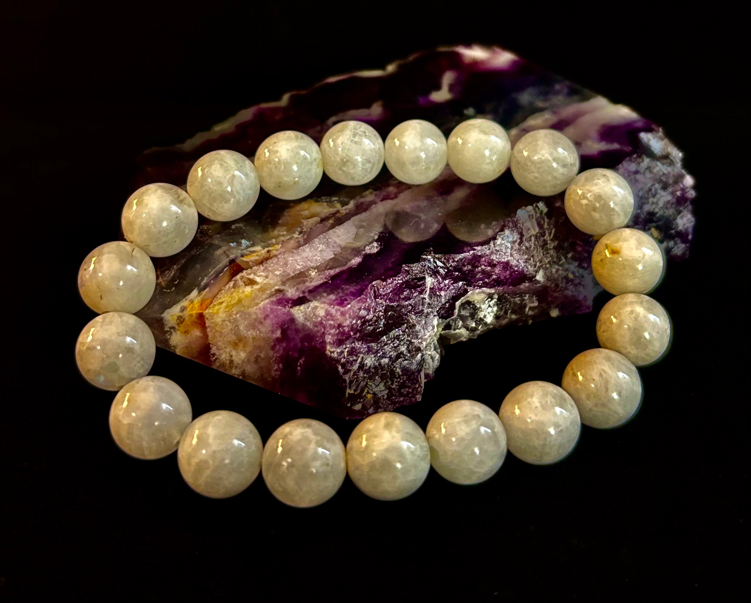 Reiki-Infused Rainbow Moonstone Power Bracelet – 10mm Beads (Medium Wrist)