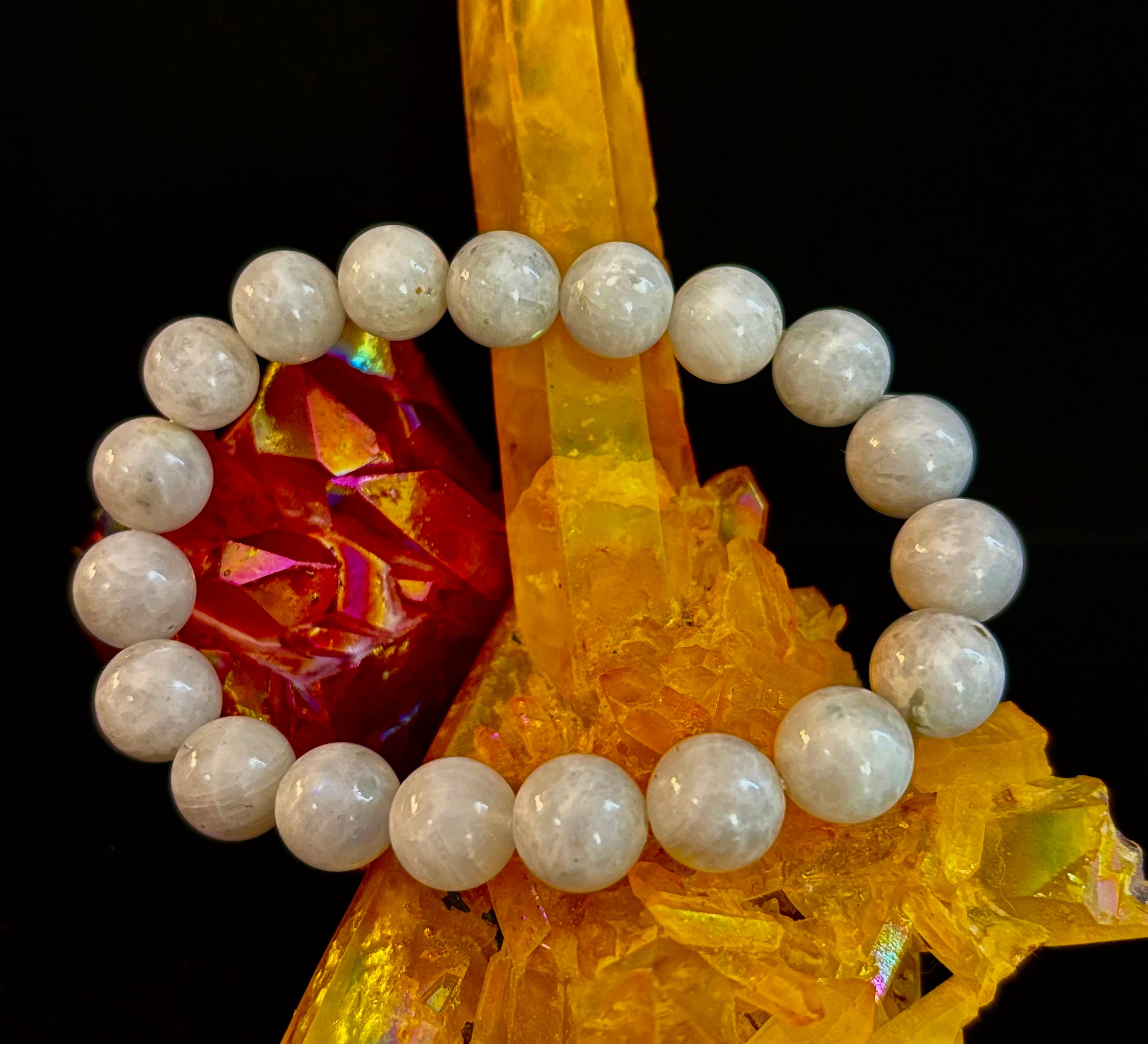 Reiki-Infused Rainbow Moonstone Power Bracelet – 10mm Beads (Medium Wrist)