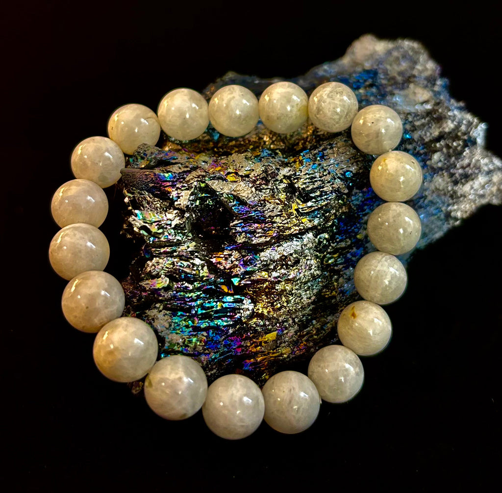 Reiki-Infused Rainbow Moonstone Power Bracelet – 10mm Beads (Medium Wrist)