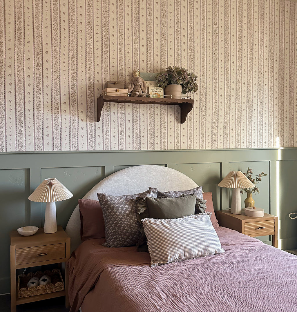 Lyla Striped Wallpaper in Burgundy, Blue, and Cream