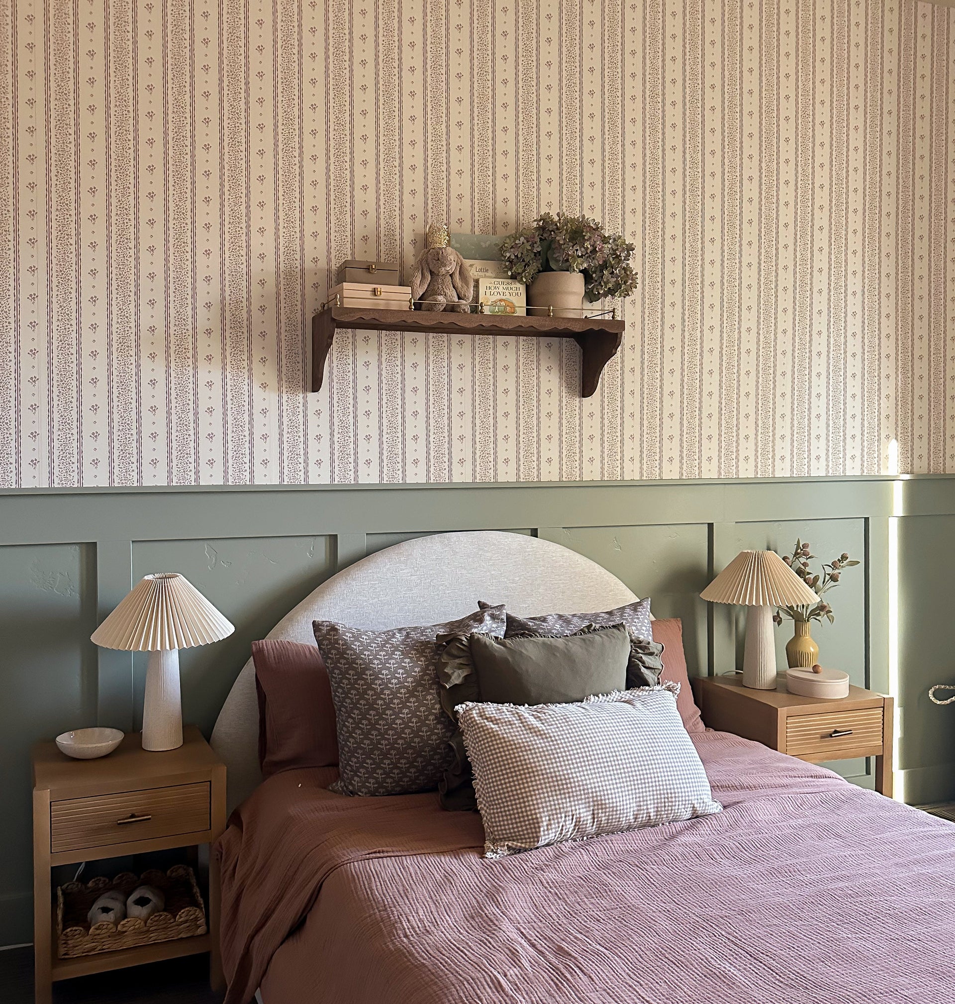 Lyla Striped Wallpaper in Burgundy, Blue, and Cream