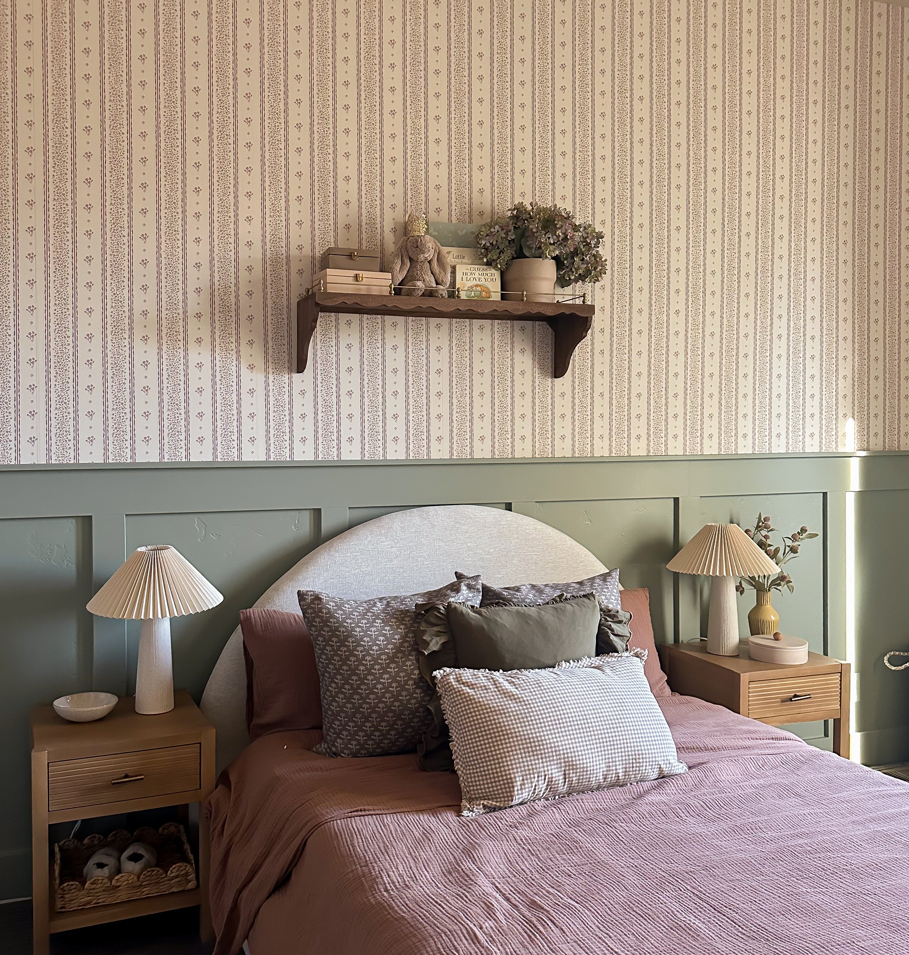 Lyla Striped Wallpaper in Burgundy, Blue, and Cream
