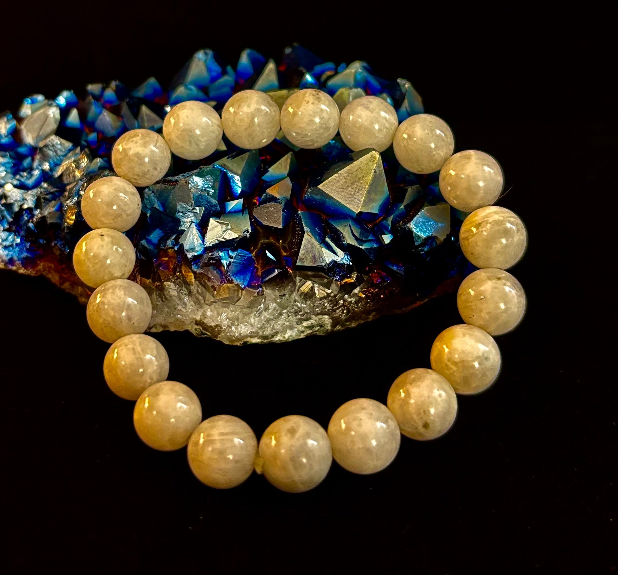 Reiki-Infused Rainbow Moonstone Power Bracelet – 10mm Beads (Medium Wrist)