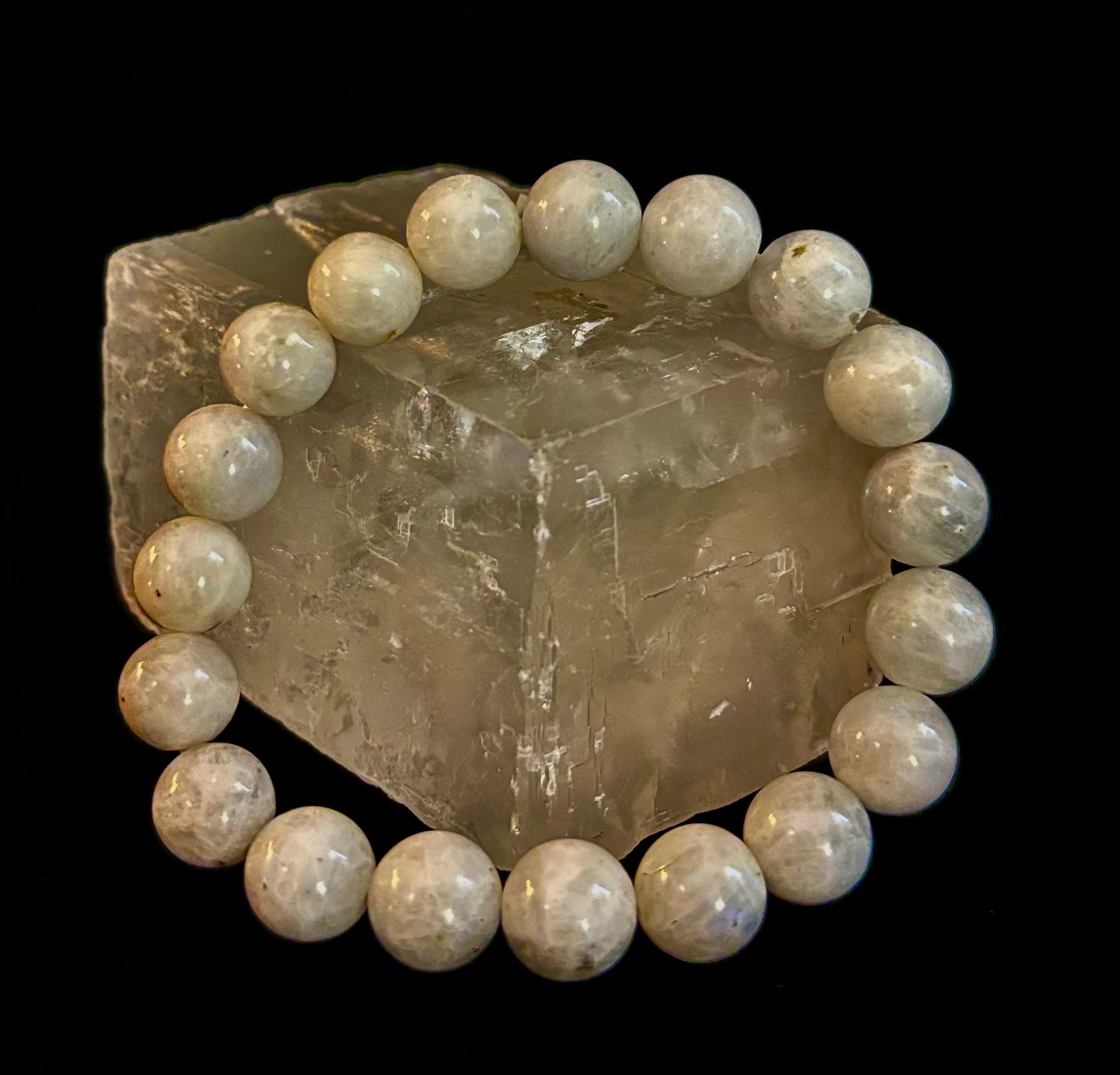 Reiki-Infused Rainbow Moonstone Power Bracelet – 10mm Beads (Medium Wrist)