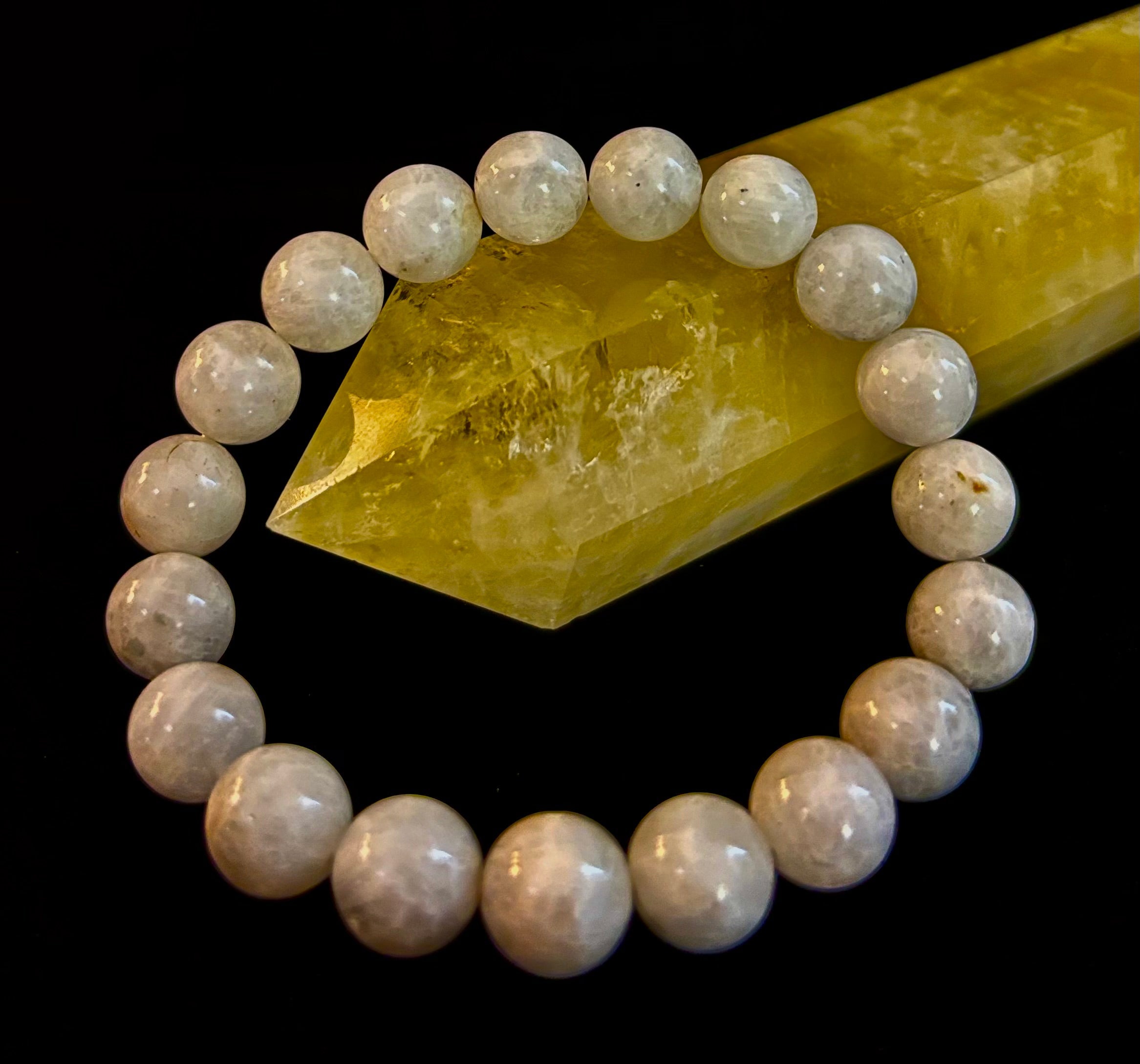 Reiki-Infused Rainbow Moonstone Power Bracelet – 10mm Beads (Medium Wrist)