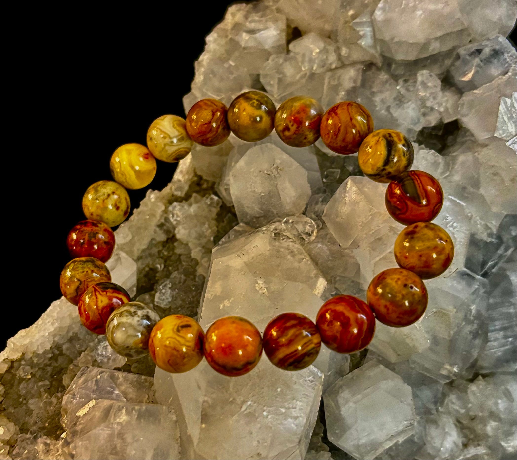 Reiki-Infused Crazy Lace Agate Strength & Stability Bracelet – 10mm Beads (Medium Wrist)