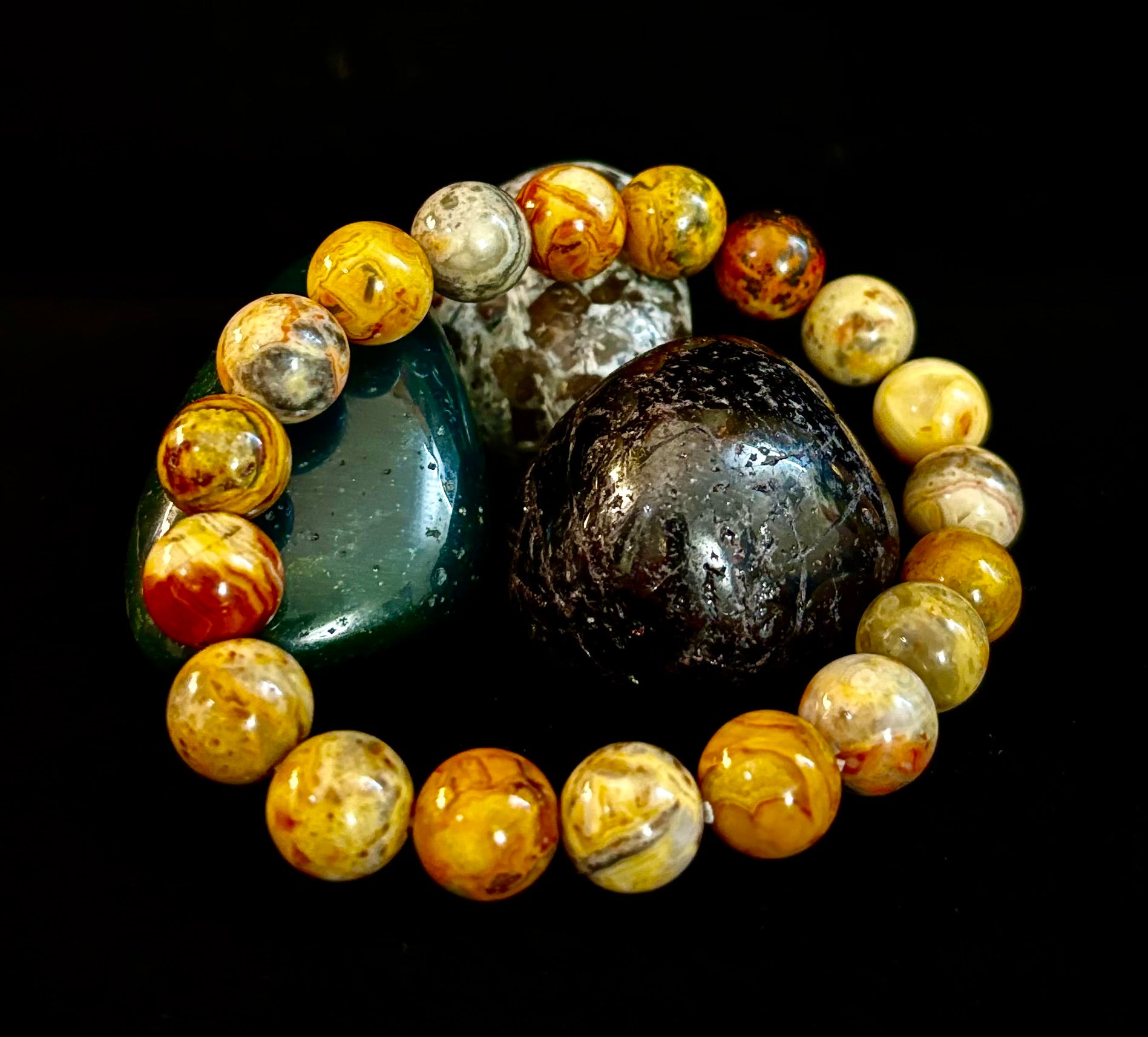 Reiki-Infused Crazy Lace Agate Strength & Stability Bracelet – 10mm Beads (Medium Wrist)