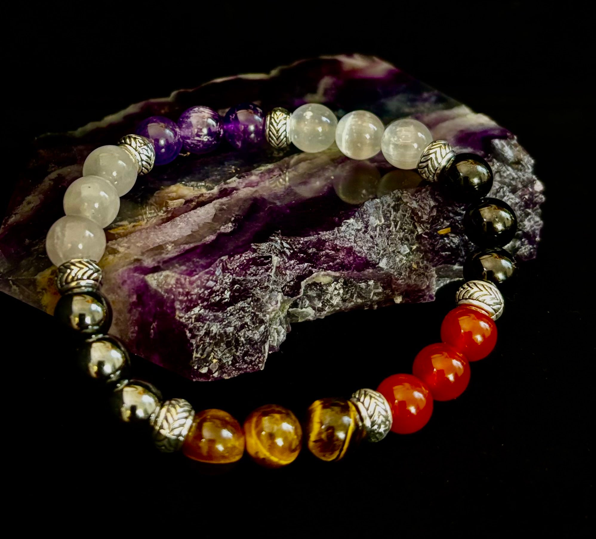 Renewal & Strength Addiction Recovery Bracelet – Carnelian, Amethyst, Rose Quartz, Hematite & Selenite