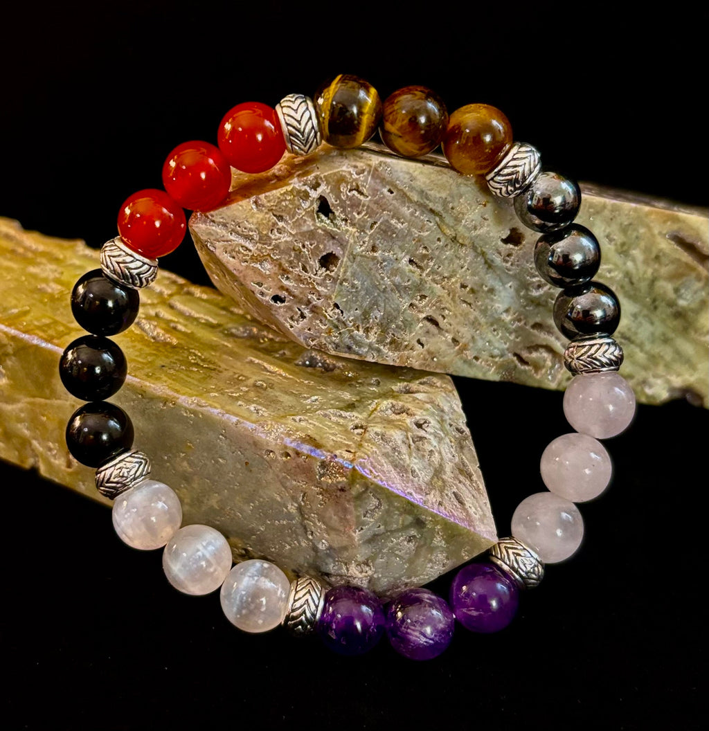 Renewal & Strength Addiction Recovery Bracelet – Carnelian, Amethyst, Rose Quartz, Hematite & Selenite