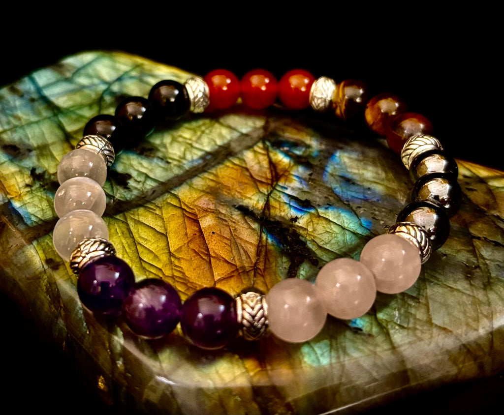 Renewal & Strength Addiction Recovery Bracelet – Carnelian, Amethyst, Rose Quartz, Hematite & Selenite