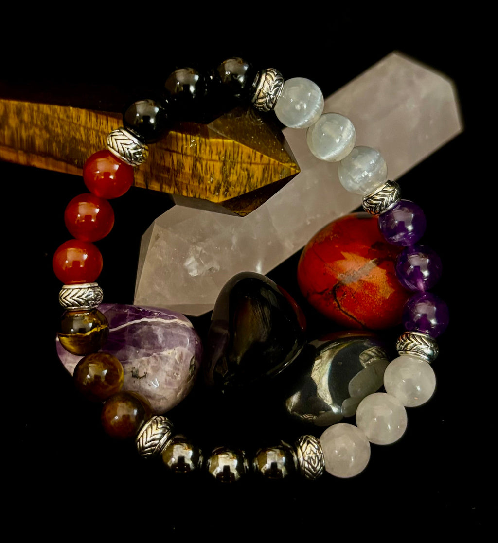 Renewal & Strength Addiction Recovery Bracelet – Carnelian, Amethyst, Rose Quartz, Hematite & Selenite