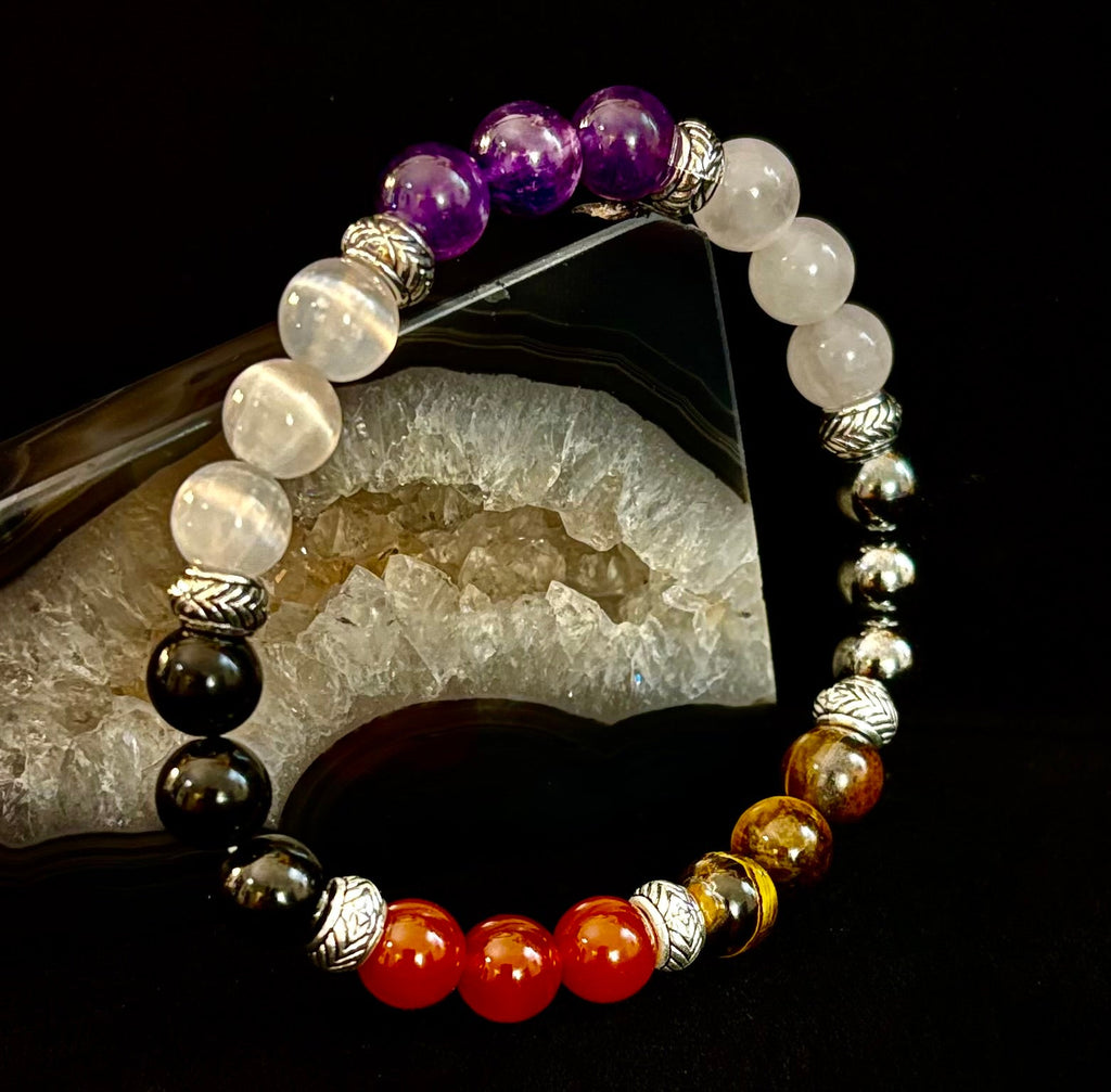 Renewal & Strength Addiction Recovery Bracelet – Carnelian, Amethyst, Rose Quartz, Hematite & Selenite