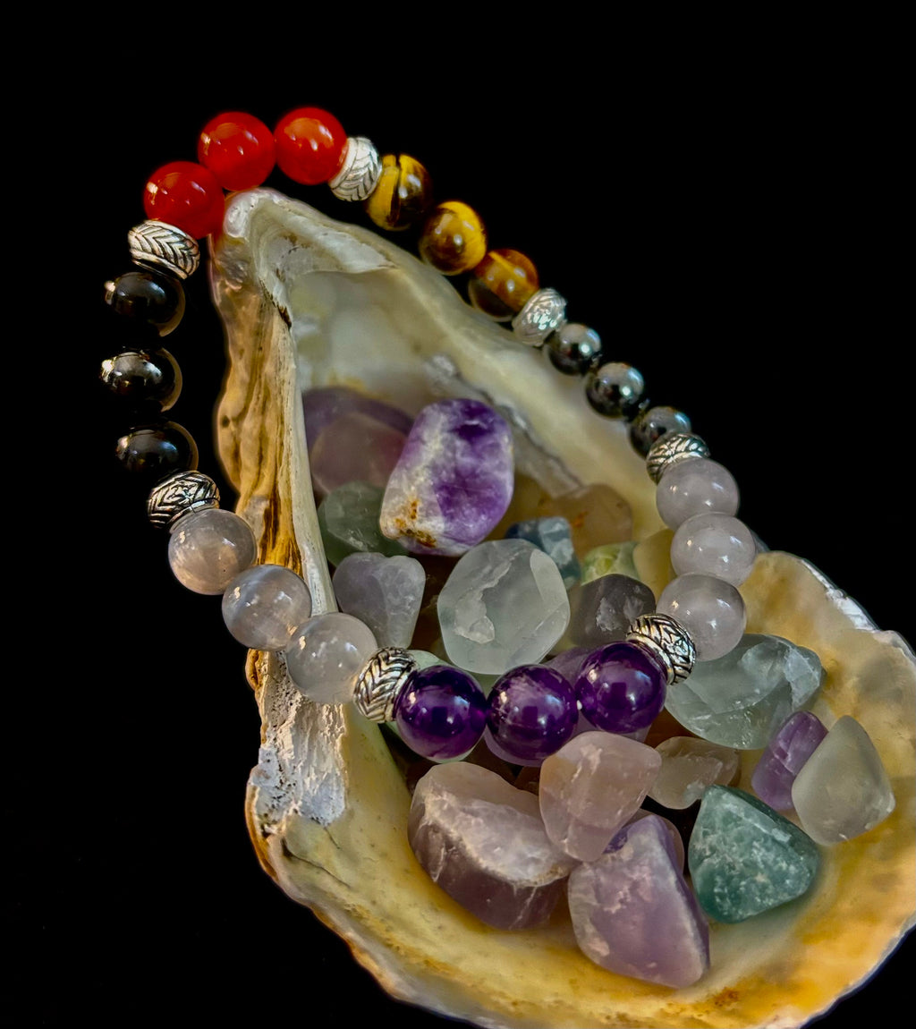 Renewal & Strength Addiction Recovery Bracelet – Carnelian, Amethyst, Rose Quartz, Hematite & Selenite