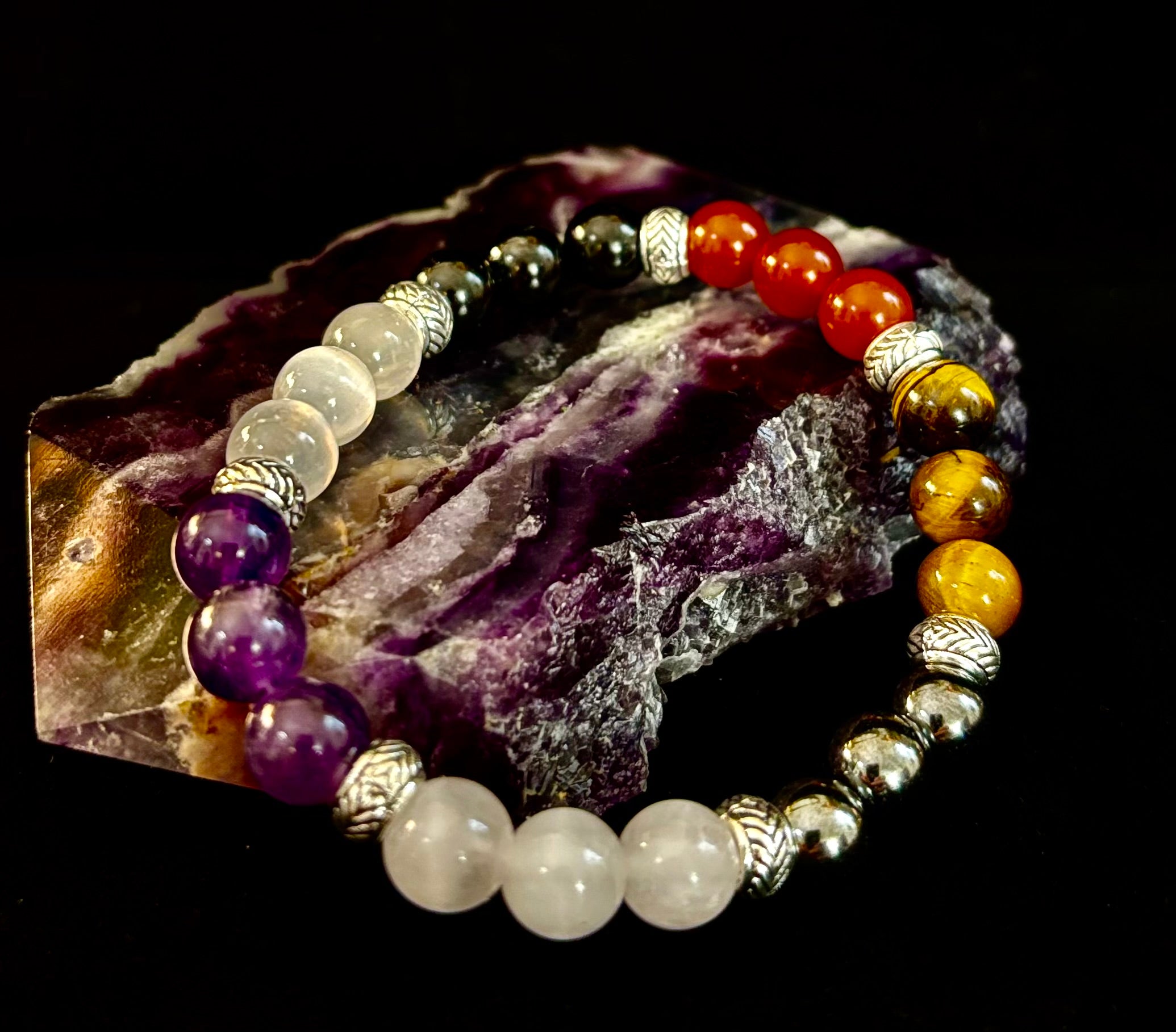 Renewal & Strength Addiction Recovery Bracelet – Carnelian, Amethyst, Rose Quartz, Hematite & Selenite