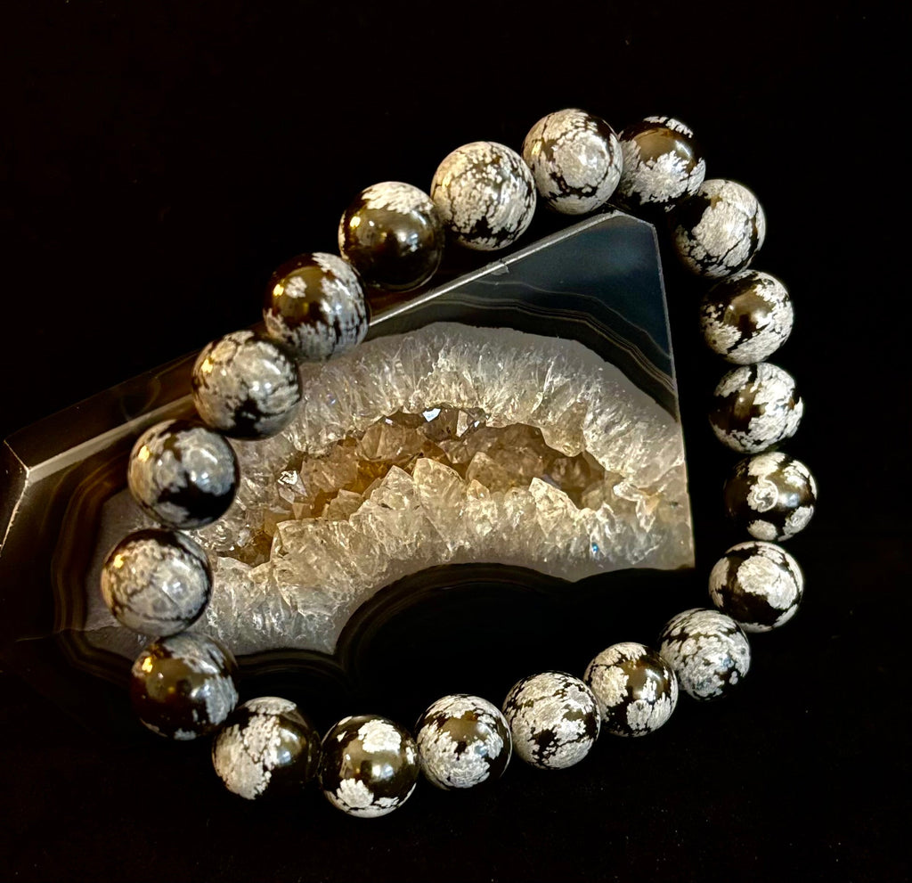 Reiki-Infused Snowflake Obsidian Bracelet – 10mm Protection, Grounding & Emotional Balance (Medium & Large Wrists)