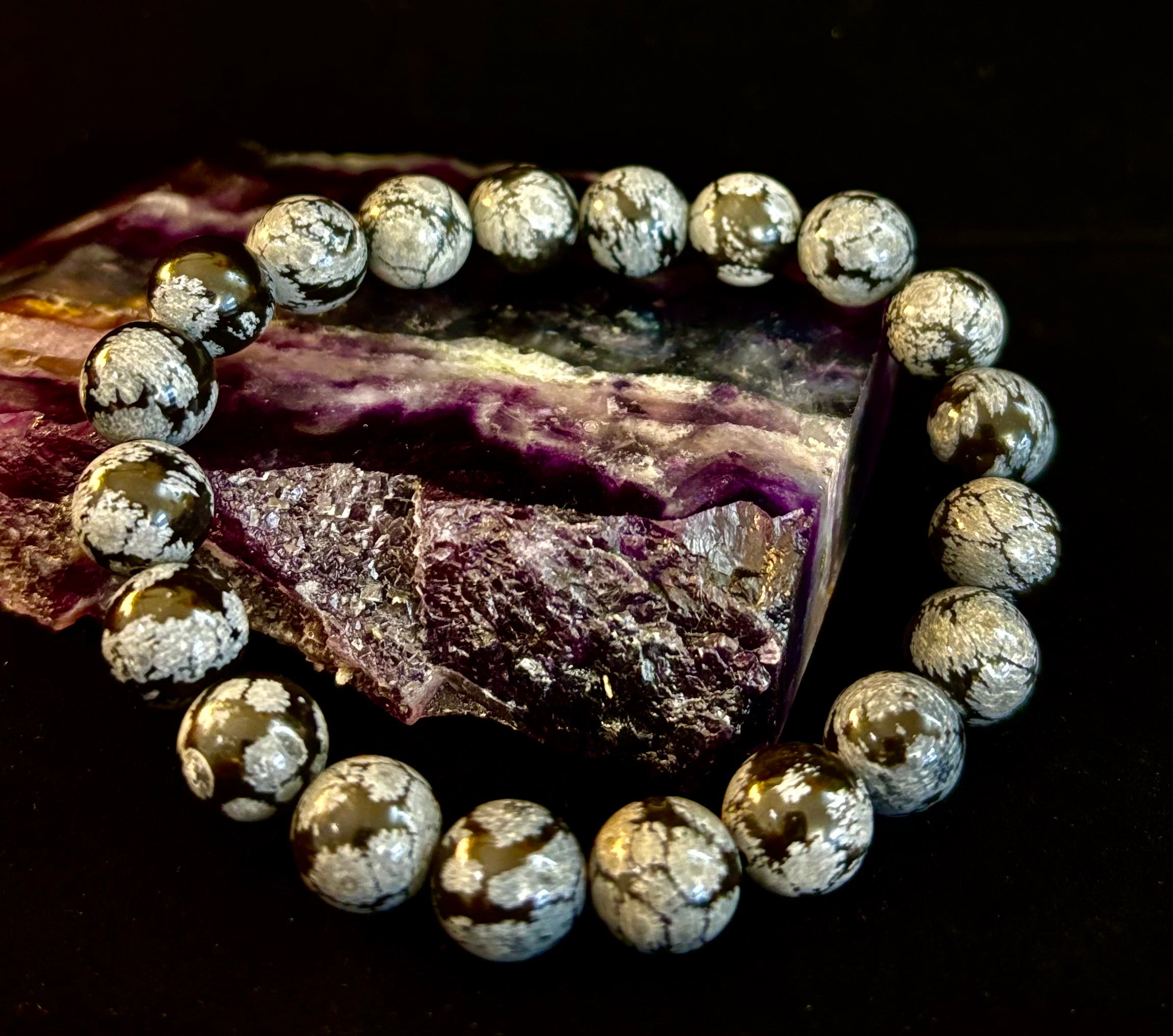 Reiki-Infused Snowflake Obsidian Bracelet – 10mm Protection, Grounding & Emotional Balance (Medium & Large Wrists)