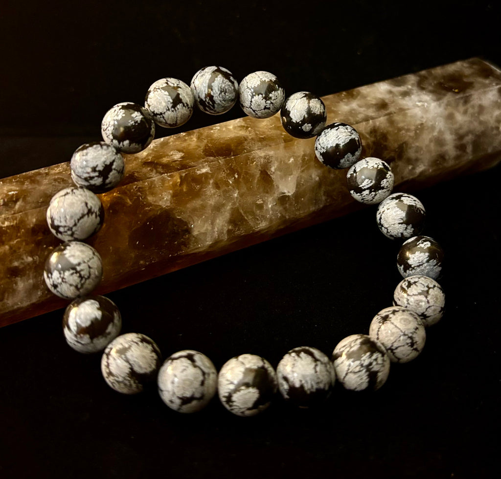 Reiki-Infused Snowflake Obsidian Bracelet – 10mm Protection, Grounding & Emotional Balance (Medium & Large Wrists)
