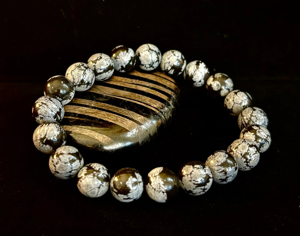 Reiki-Infused Snowflake Obsidian Bracelet – 10mm Protection, Grounding & Emotional Balance (Medium & Large Wrists)