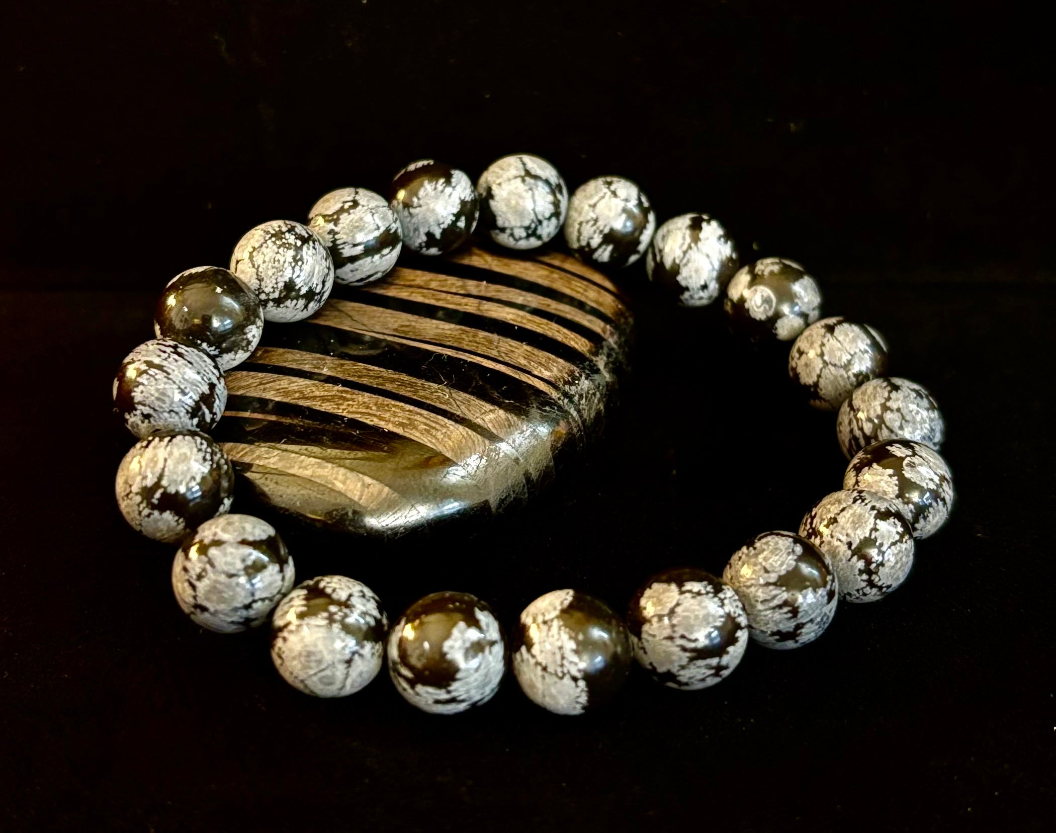 Reiki-Infused Snowflake Obsidian Bracelet – 10mm Protection, Grounding & Emotional Balance (Medium & Large Wrists)