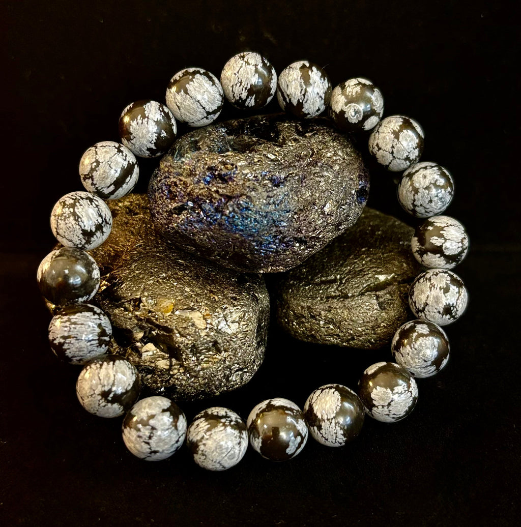 Reiki-Infused Snowflake Obsidian Bracelet – 10mm Protection, Grounding & Emotional Balance (Medium & Large Wrists)