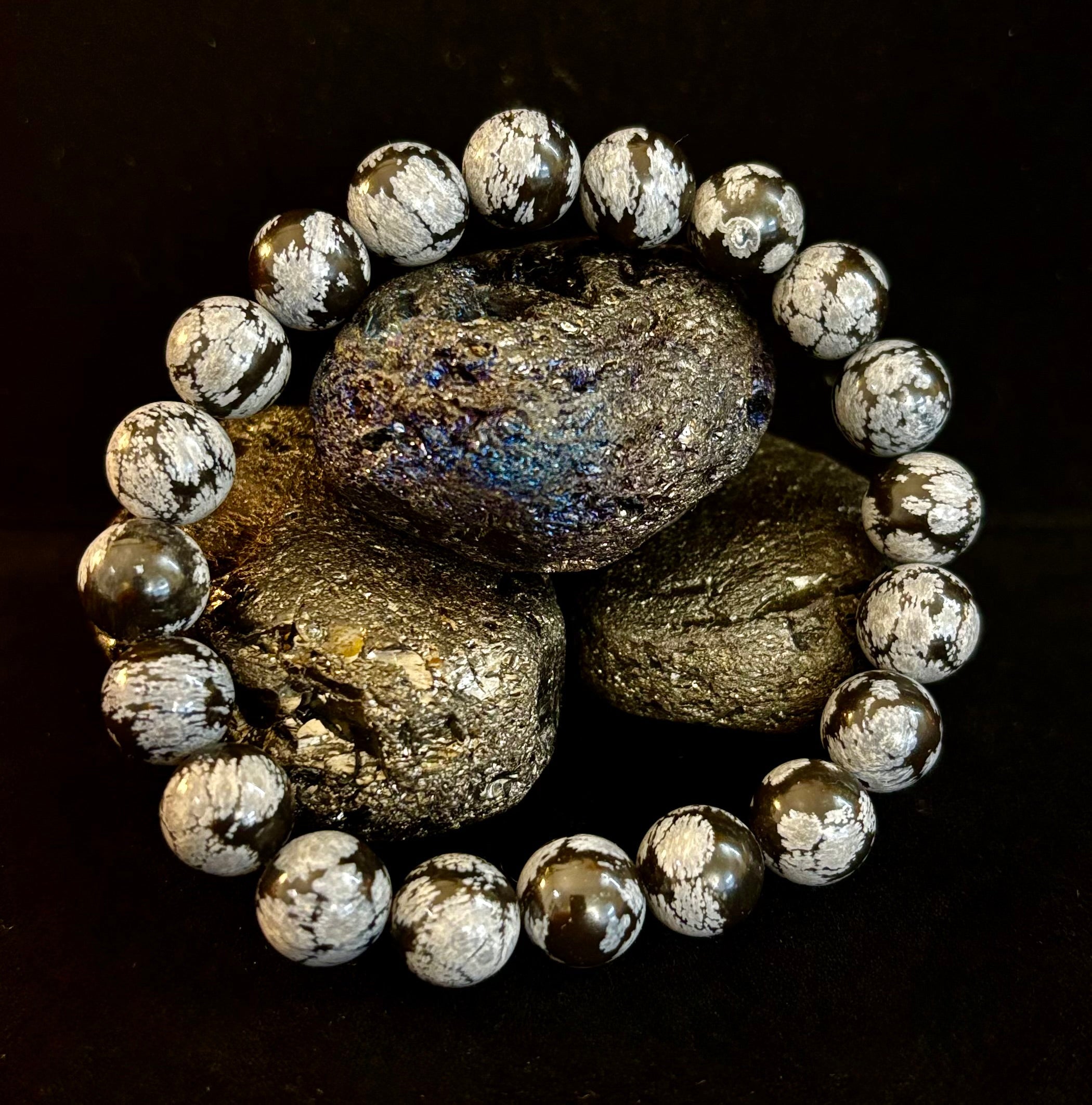 Reiki-Infused Snowflake Obsidian Bracelet – 10mm Protection, Grounding & Emotional Balance (Medium & Large Wrists)