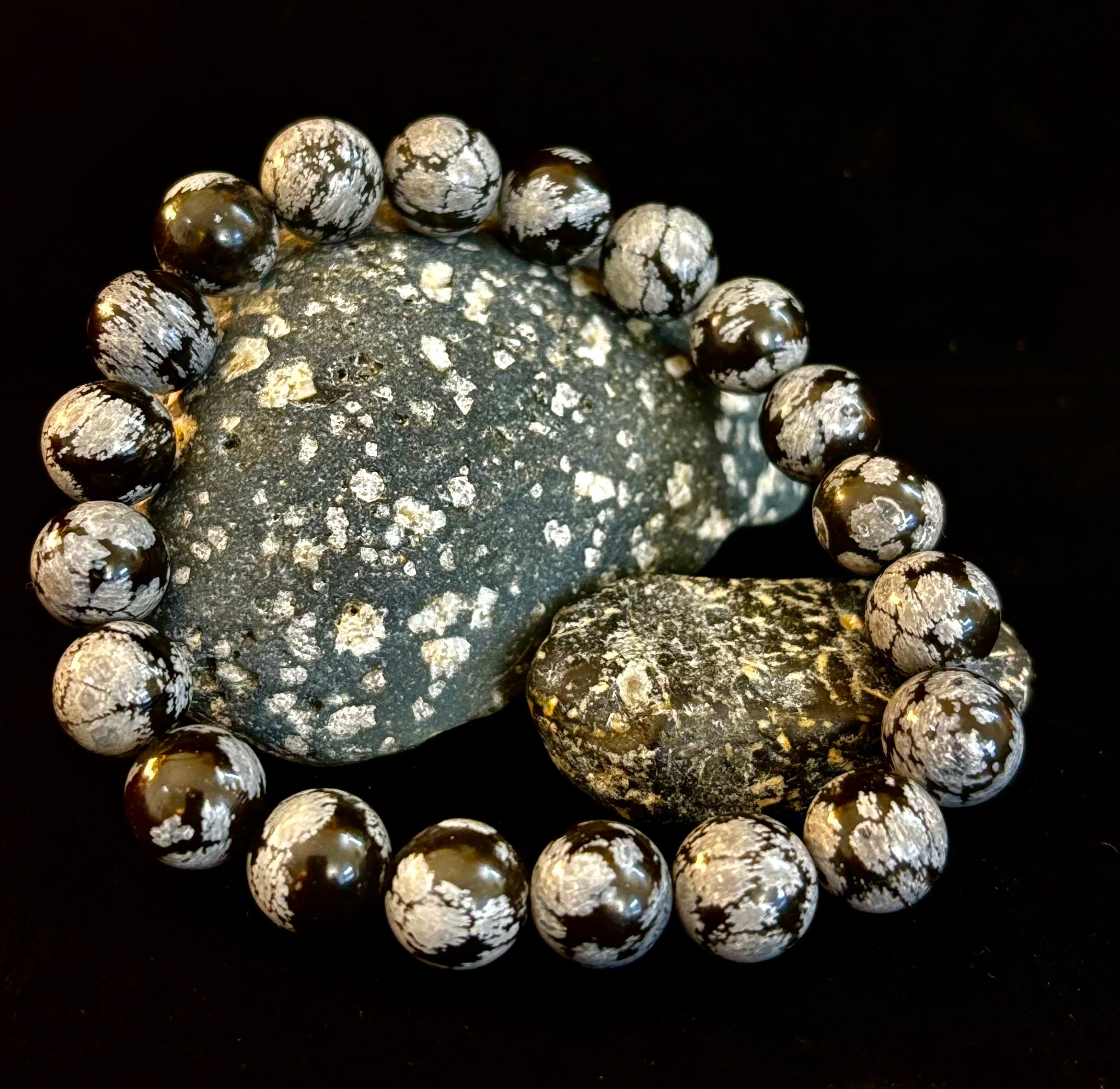 Reiki-Infused Snowflake Obsidian Bracelet – 10mm Protection, Grounding & Emotional Balance (Medium & Large Wrists)