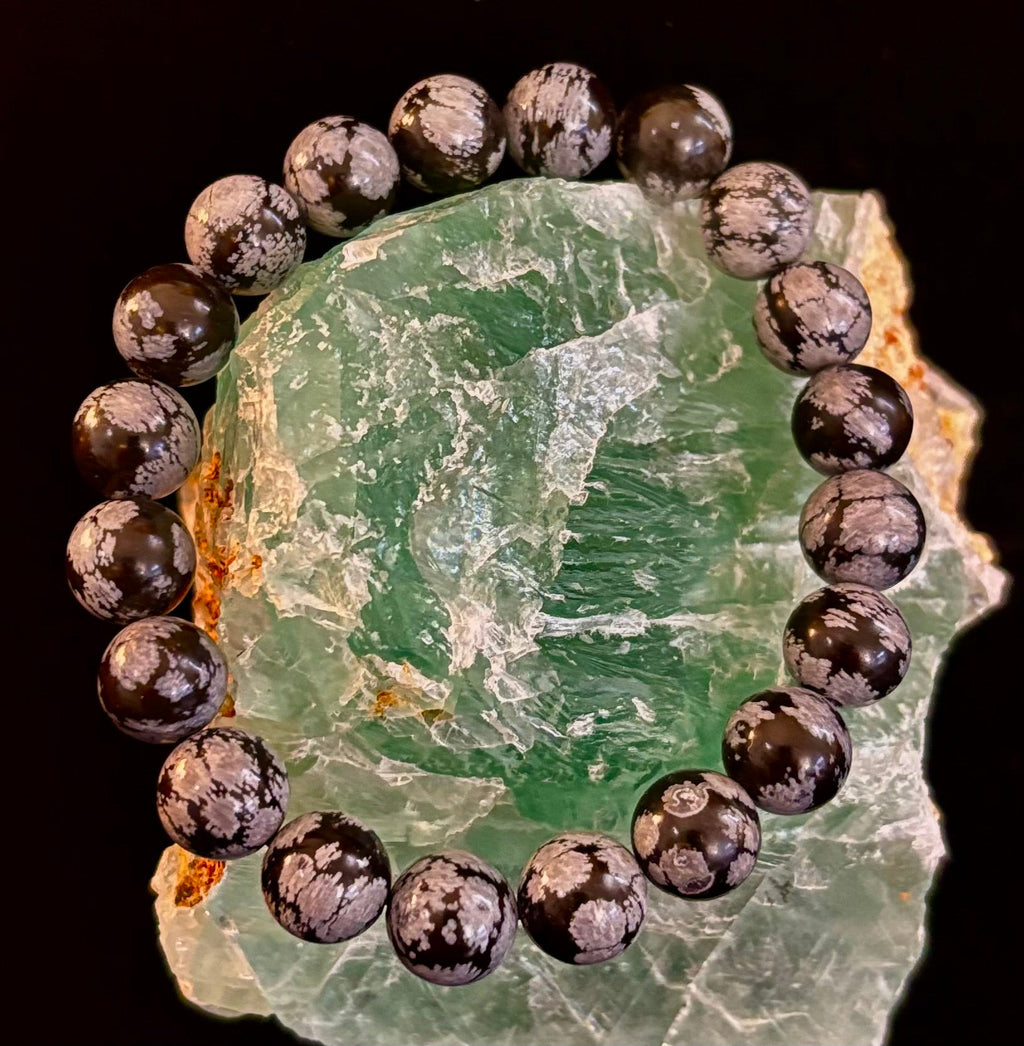 Reiki-Infused Snowflake Obsidian Bracelet – 10mm Protection, Grounding & Emotional Balance (Medium & Large Wrists)