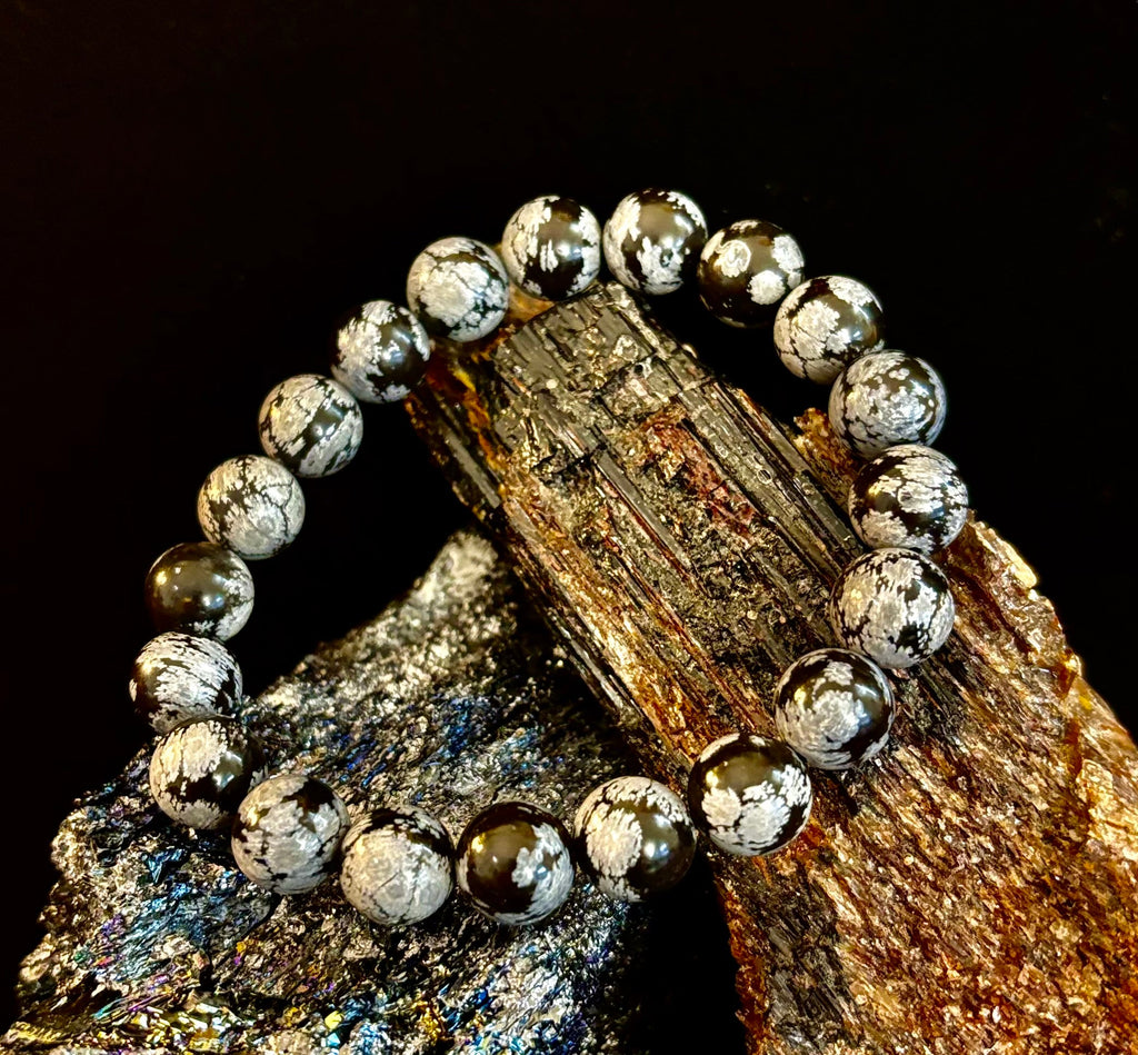 Reiki-Infused Snowflake Obsidian Bracelet – 10mm Protection, Grounding & Emotional Balance (Medium & Large Wrists)