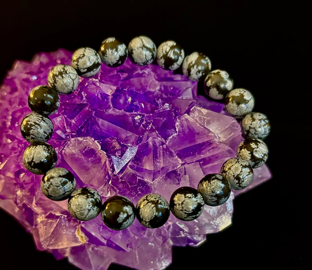 Reiki-Infused Snowflake Obsidian Bracelet – 10mm Protection, Grounding & Emotional Balance (Medium & Large Wrists)