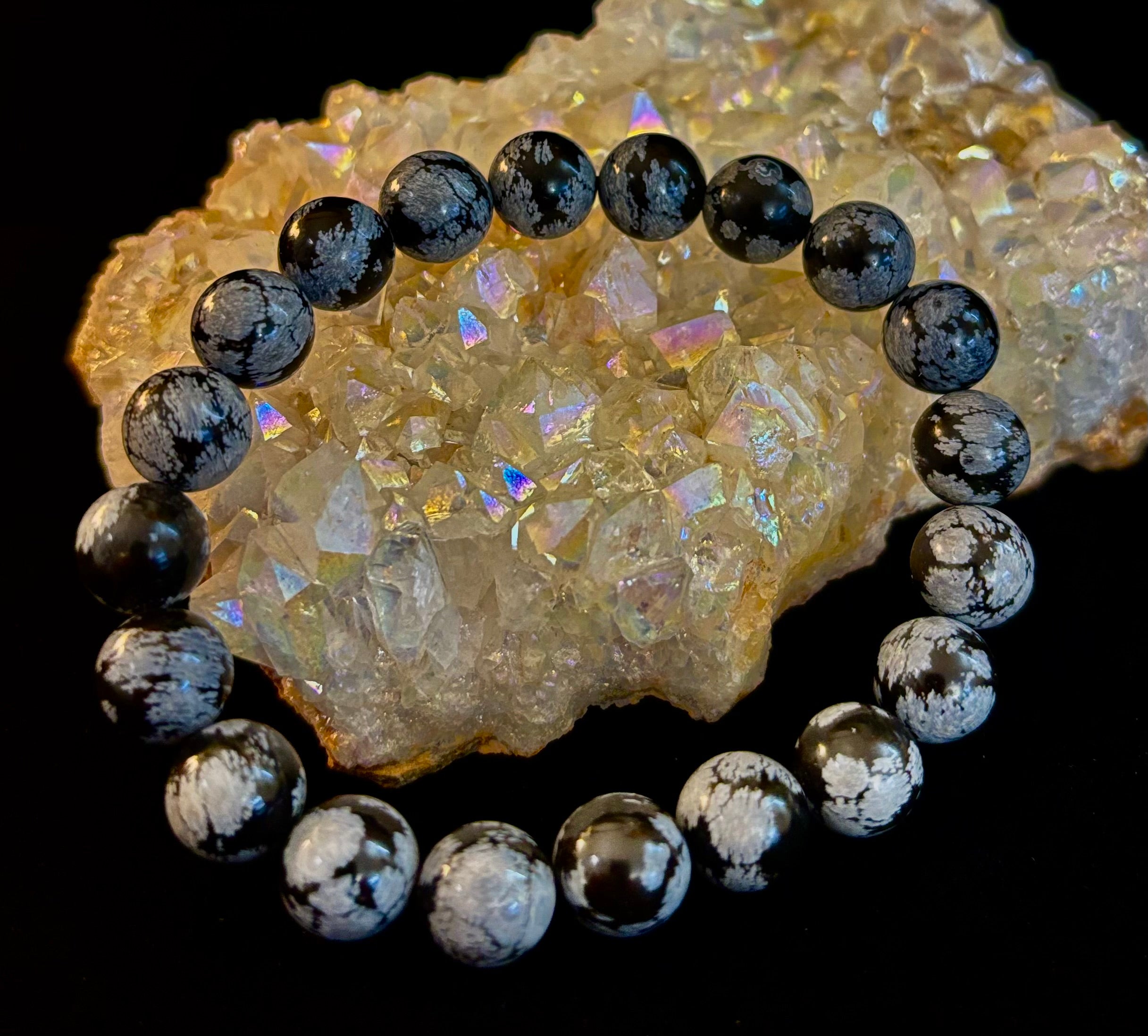 Reiki-Infused Snowflake Obsidian Bracelet – 10mm Protection, Grounding & Emotional Balance (Medium & Large Wrists)
