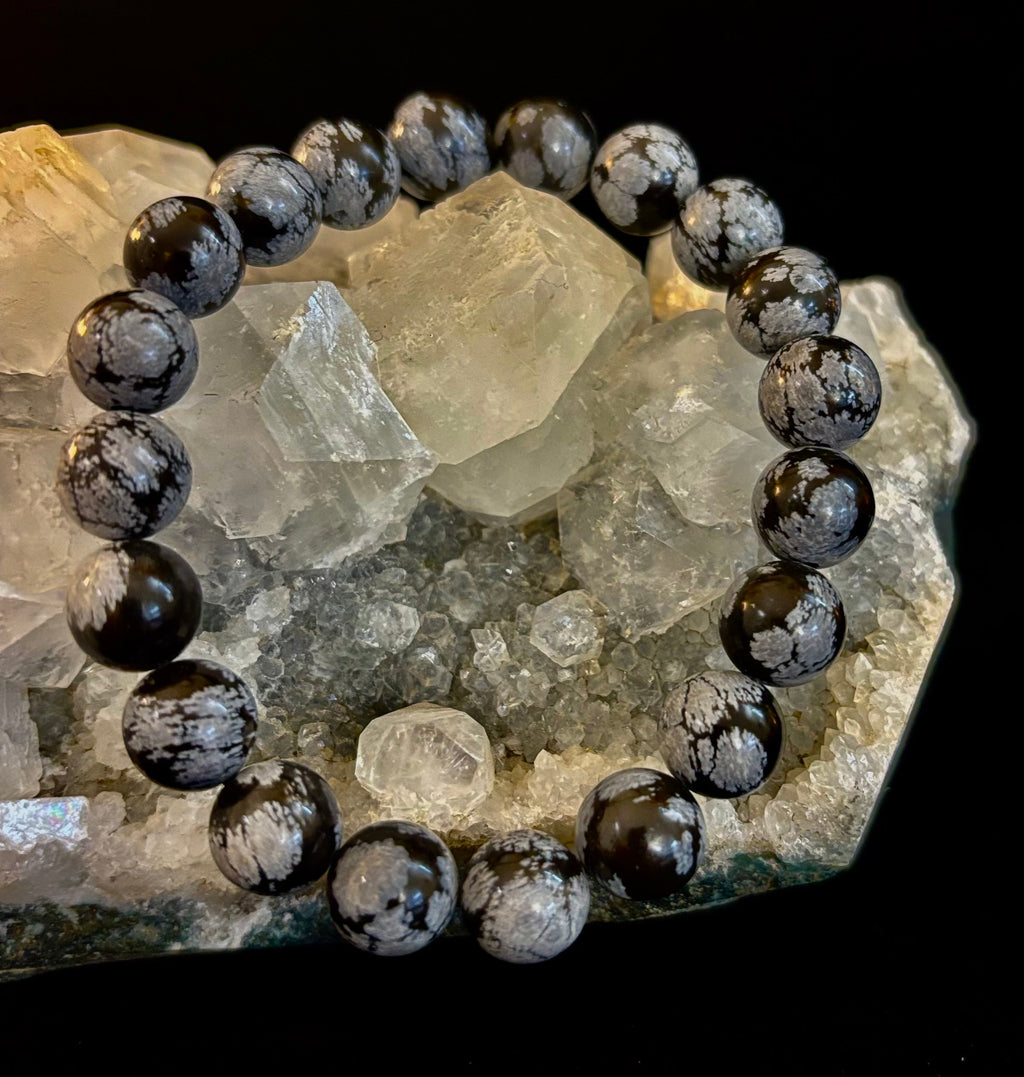 Reiki-Infused Snowflake Obsidian Bracelet – 10mm Protection, Grounding & Emotional Balance (Medium & Large Wrists)
