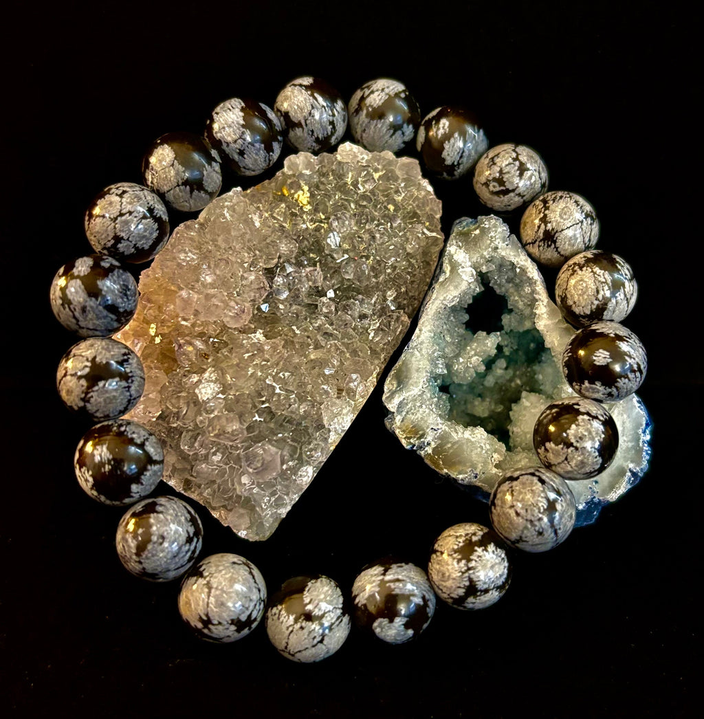 Reiki-Infused Snowflake Obsidian Bracelet – 10mm Protection, Grounding & Emotional Balance (Medium & Large Wrists)