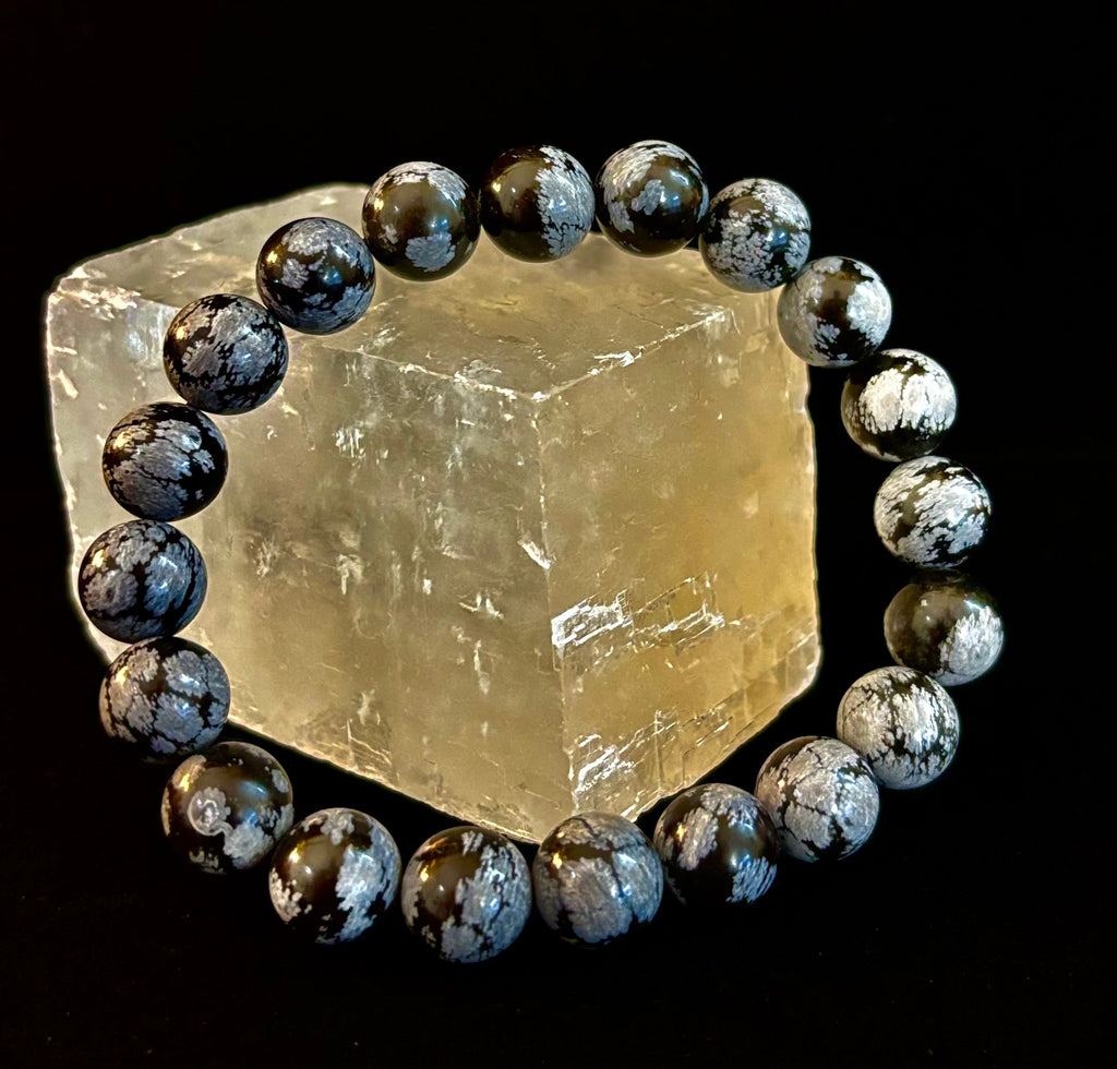 Reiki-Infused Snowflake Obsidian Bracelet – 10mm Protection, Grounding & Emotional Balance (Medium & Large Wrists)