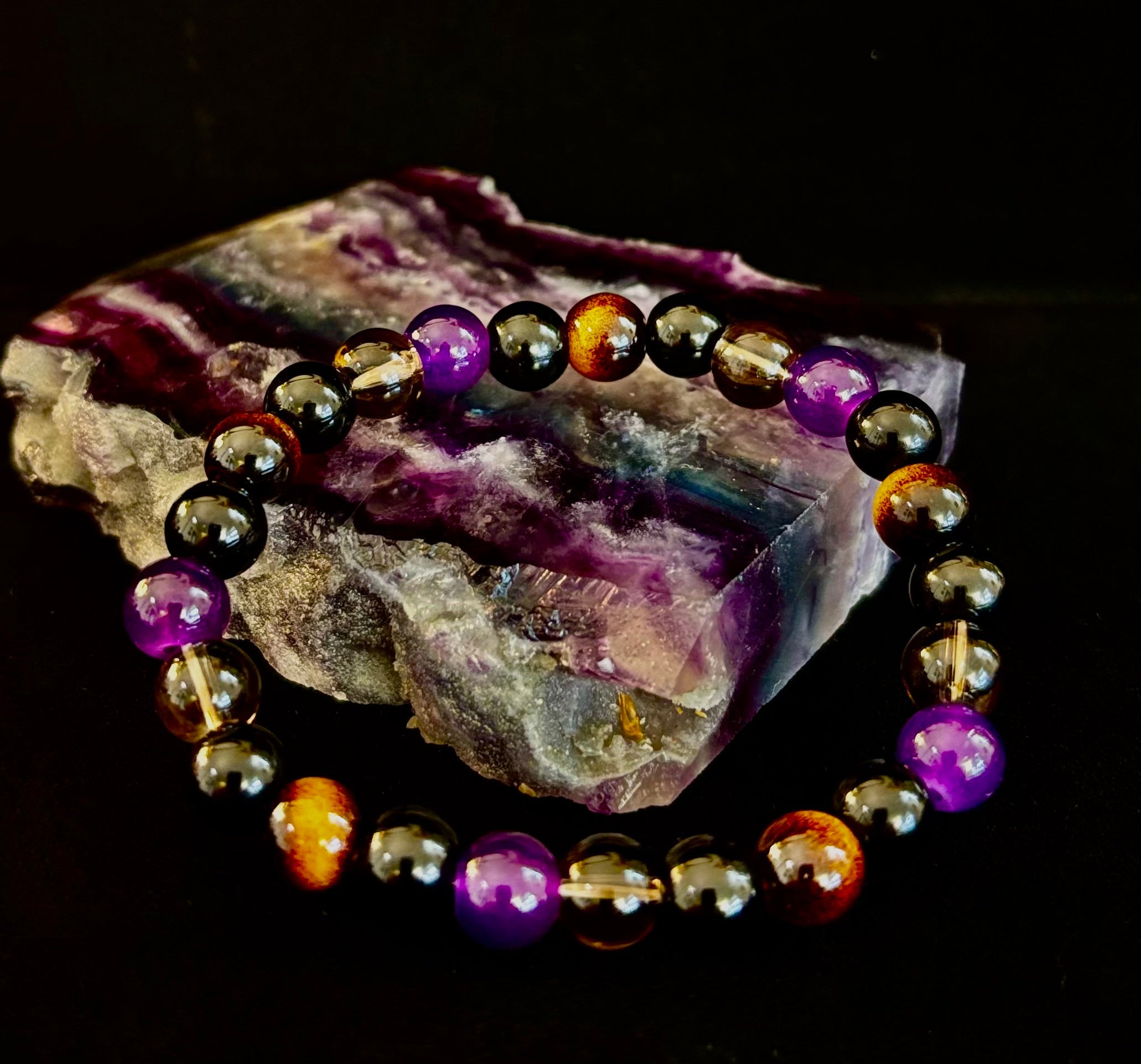 Tranquil Focus Bracelet – Amethyst, Tiger Eye & Smoky Quartz
