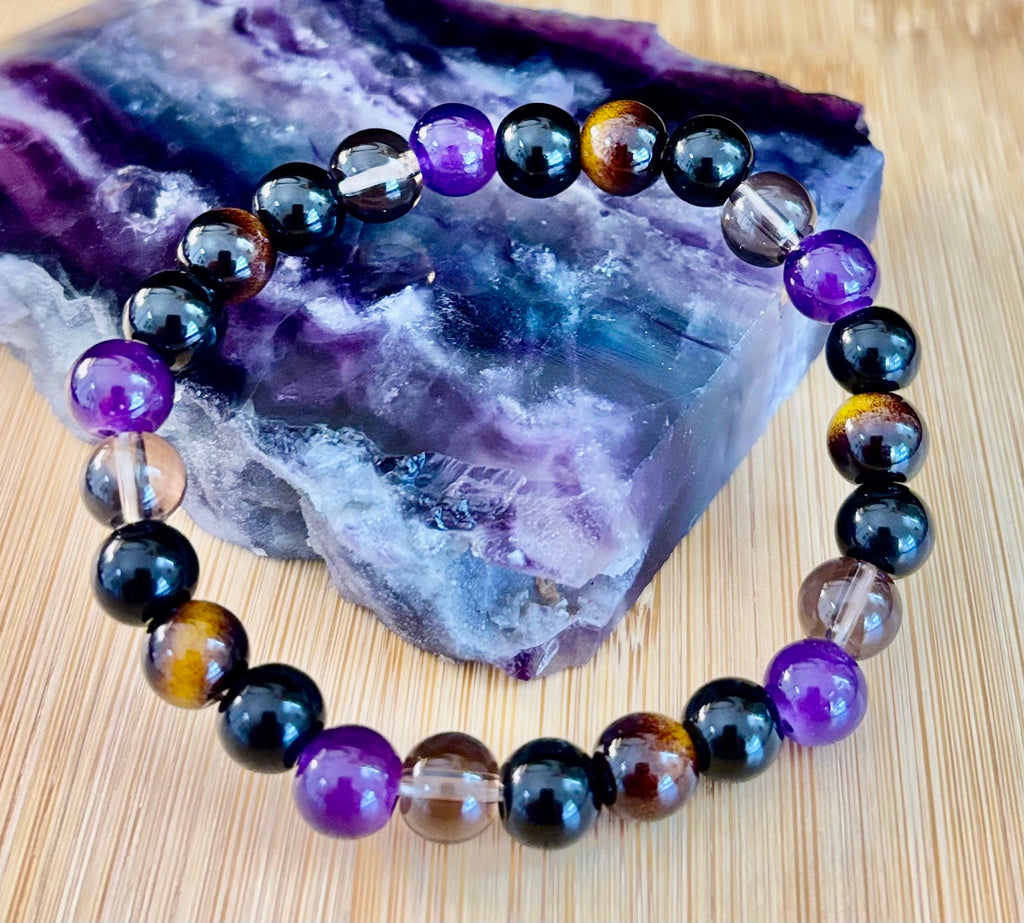 Tranquil Focus Bracelet – Amethyst, Tiger Eye & Smoky Quartz