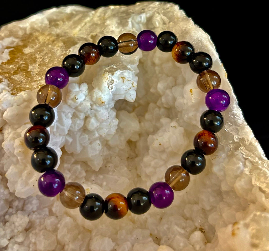Tranquil Focus Bracelet – Amethyst, Tiger Eye & Smoky Quartz