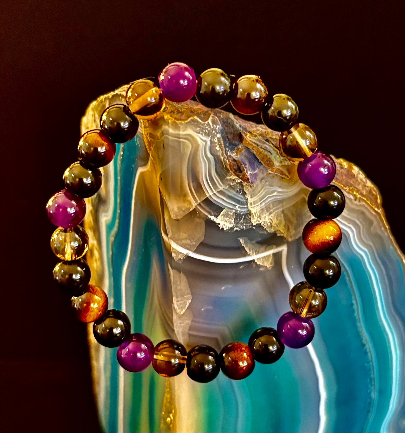Tranquil Focus Bracelet – Amethyst, Tiger Eye & Smoky Quartz