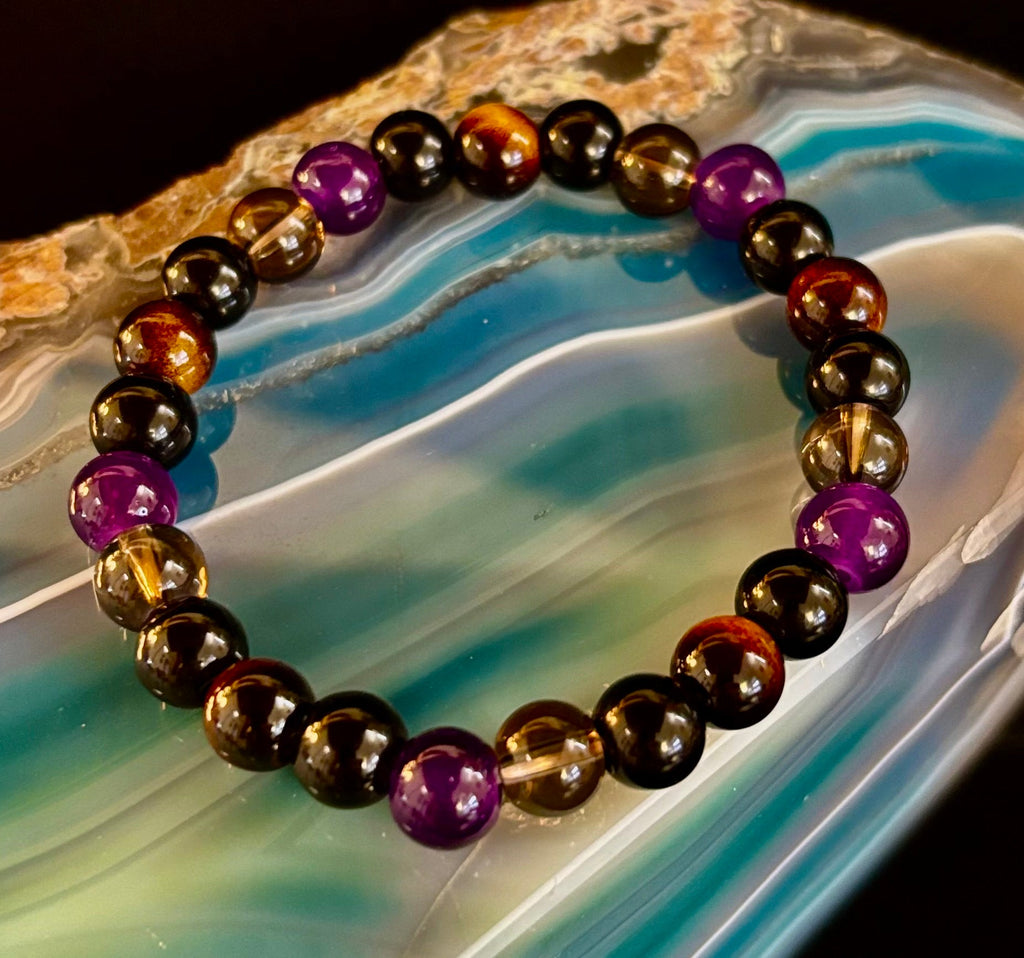 Tranquil Focus Bracelet – Amethyst, Tiger Eye & Smoky Quartz