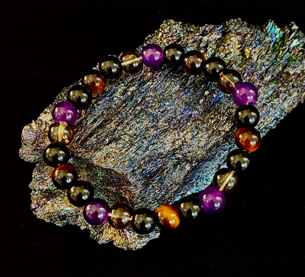 Tranquil Focus Bracelet – Amethyst, Tiger Eye & Smoky Quartz
