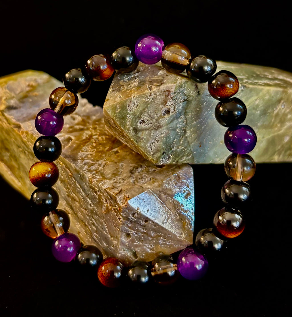 Tranquil Focus Bracelet – Amethyst, Tiger Eye & Smoky Quartz