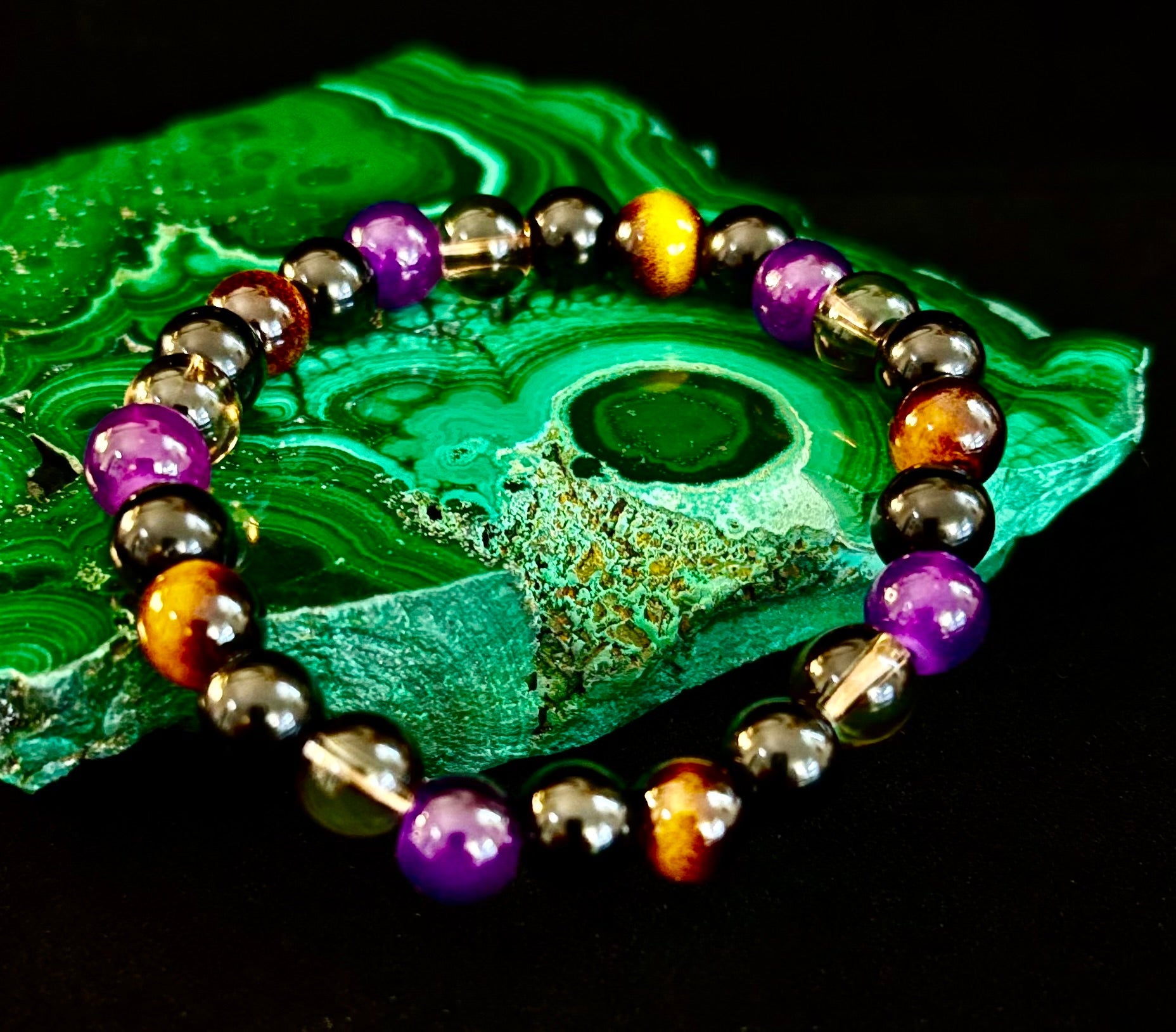 Tranquil Focus Bracelet – Amethyst, Tiger Eye & Smoky Quartz