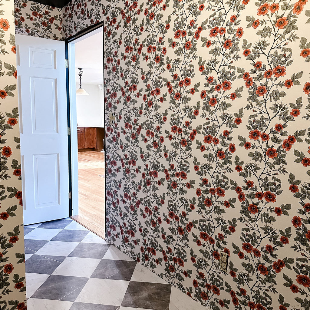 Shia floral wallpaper with red and sage-green botanicals on a cream background