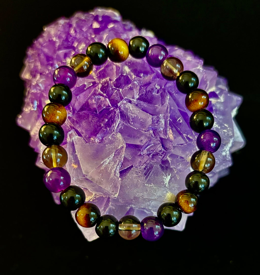Tranquil Focus Bracelet – Amethyst, Tiger Eye & Smoky Quartz