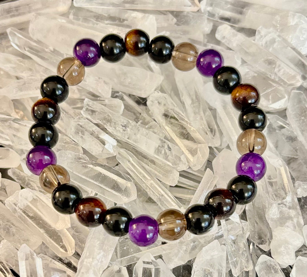 Tranquil Focus Bracelet – Amethyst, Tiger Eye & Smoky Quartz