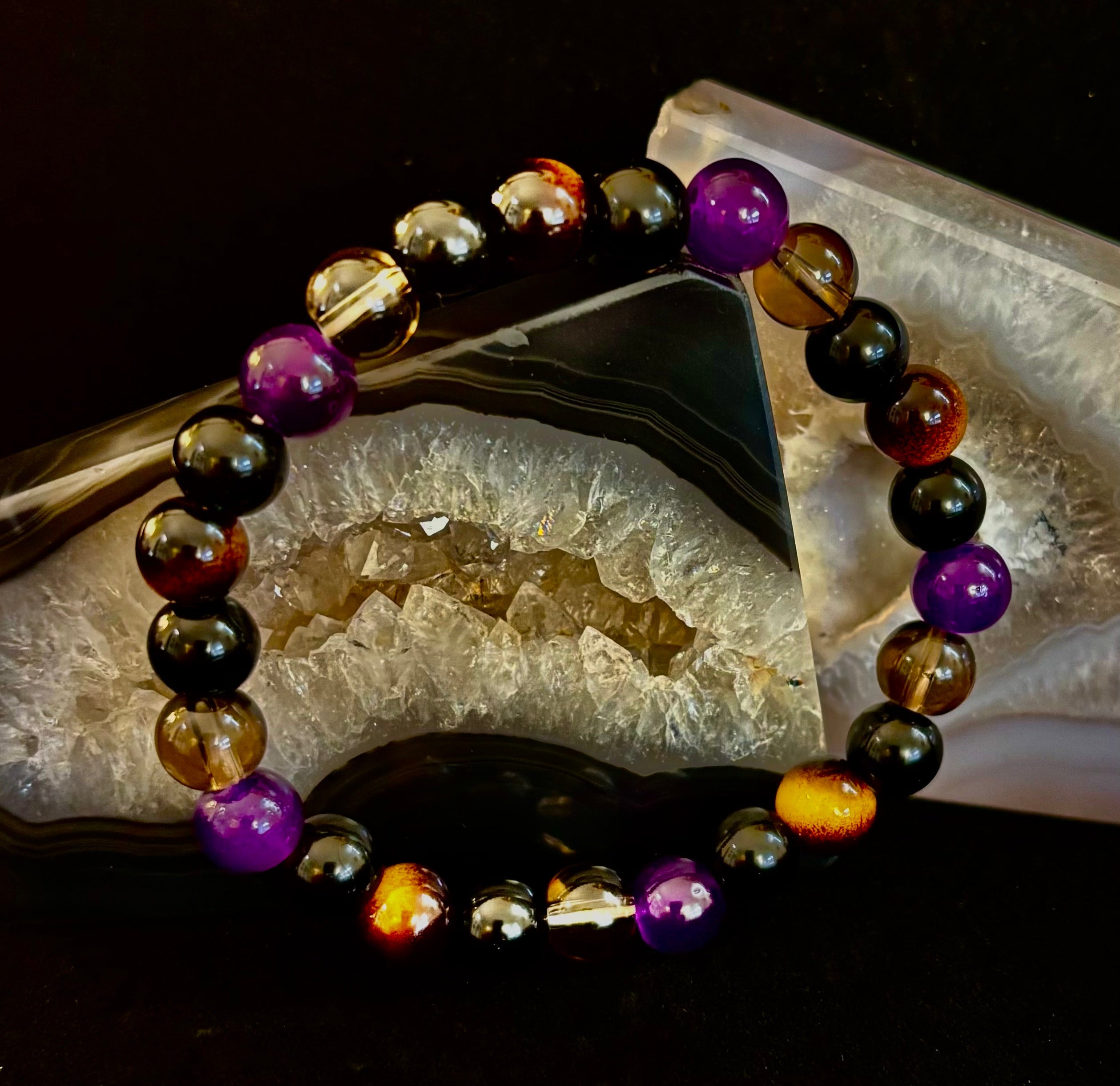 Tranquil Focus Bracelet – Amethyst, Tiger Eye & Smoky Quartz
