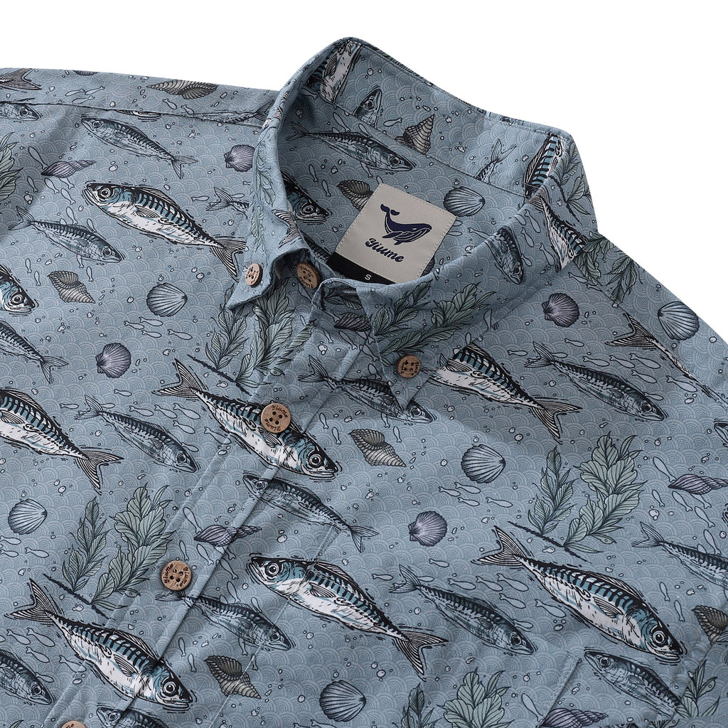Men's Gray Fish Print Hawaiian Shirt - Cotton Short Sleeve